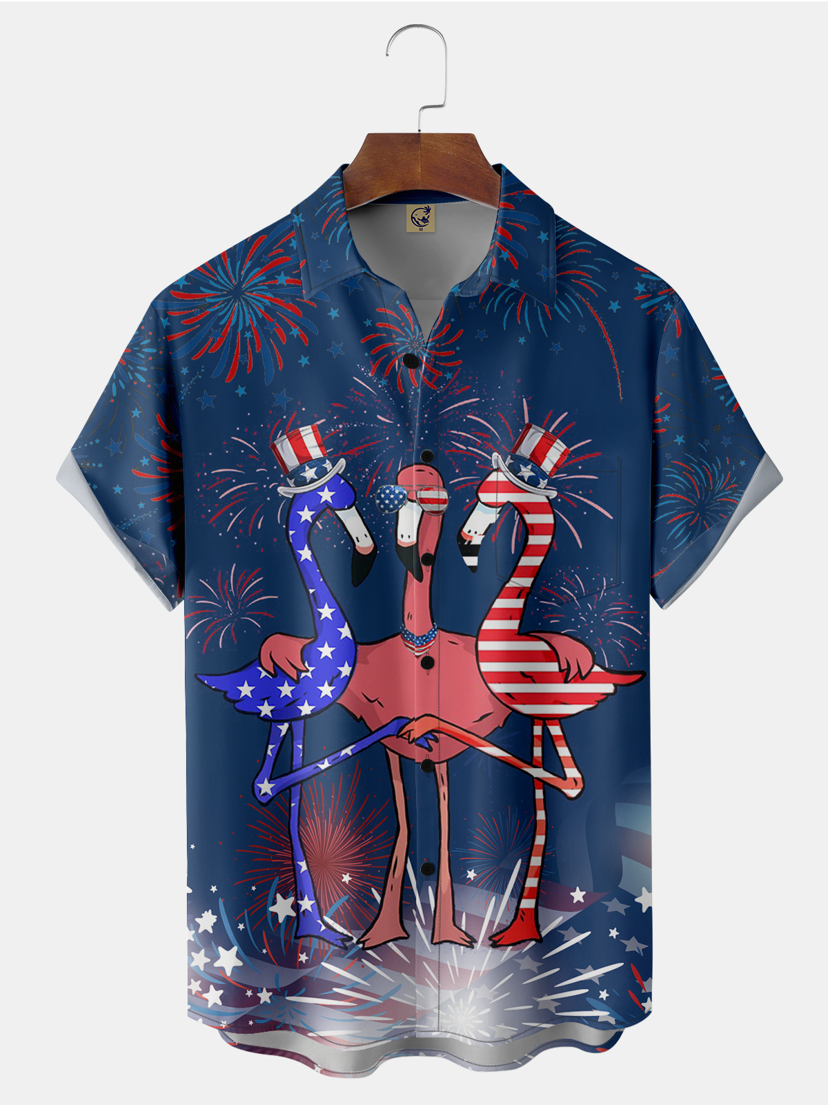 Hardaddy Indepndence Day Flag Flamingo Chest Pocket Short Sleeve Shirt