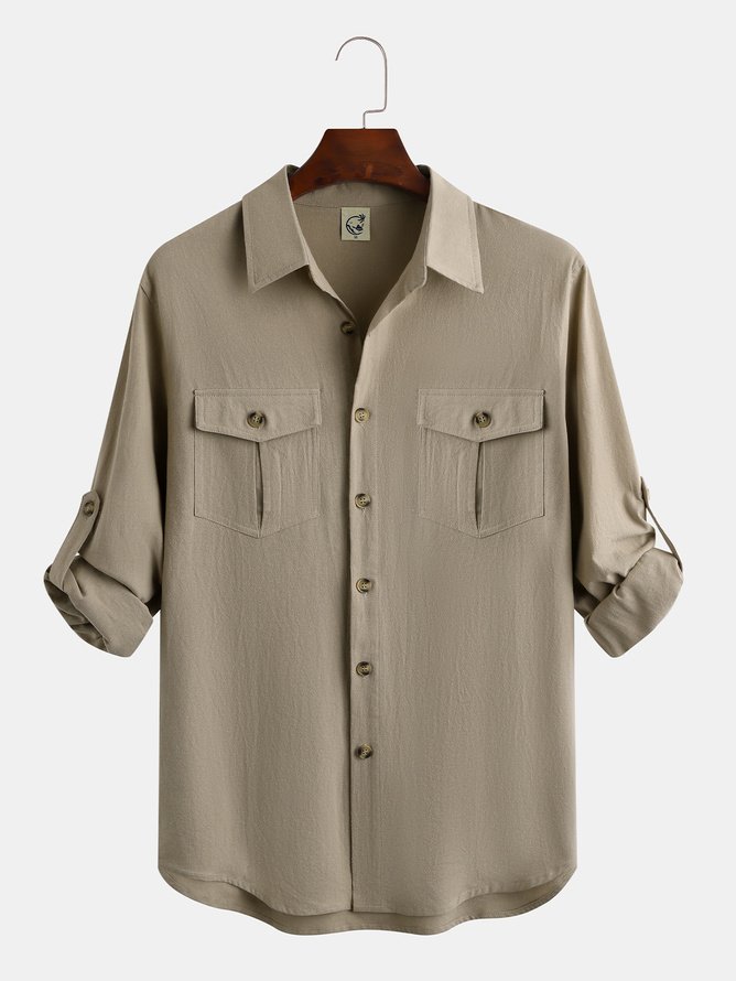 Plain Flap Pocket Cotton Long Sleeve Shirt