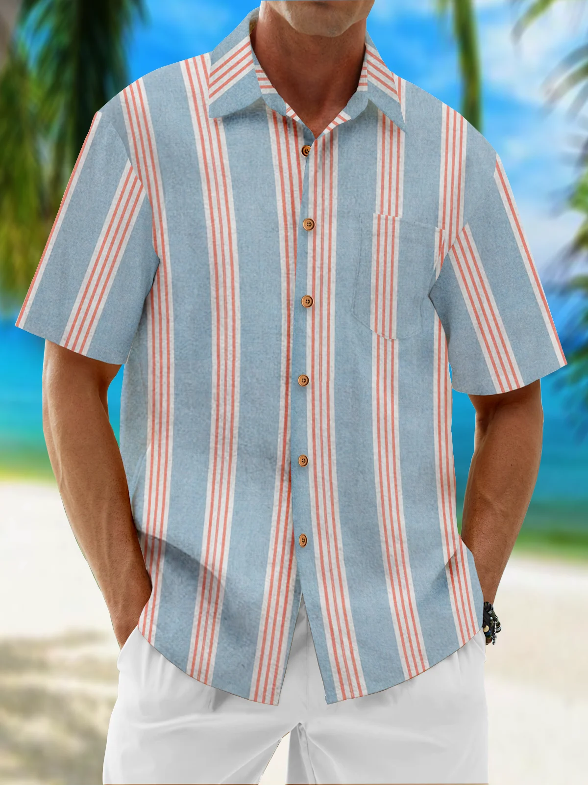 Striped Chest Pocket Short Sleeves Casual Shirt