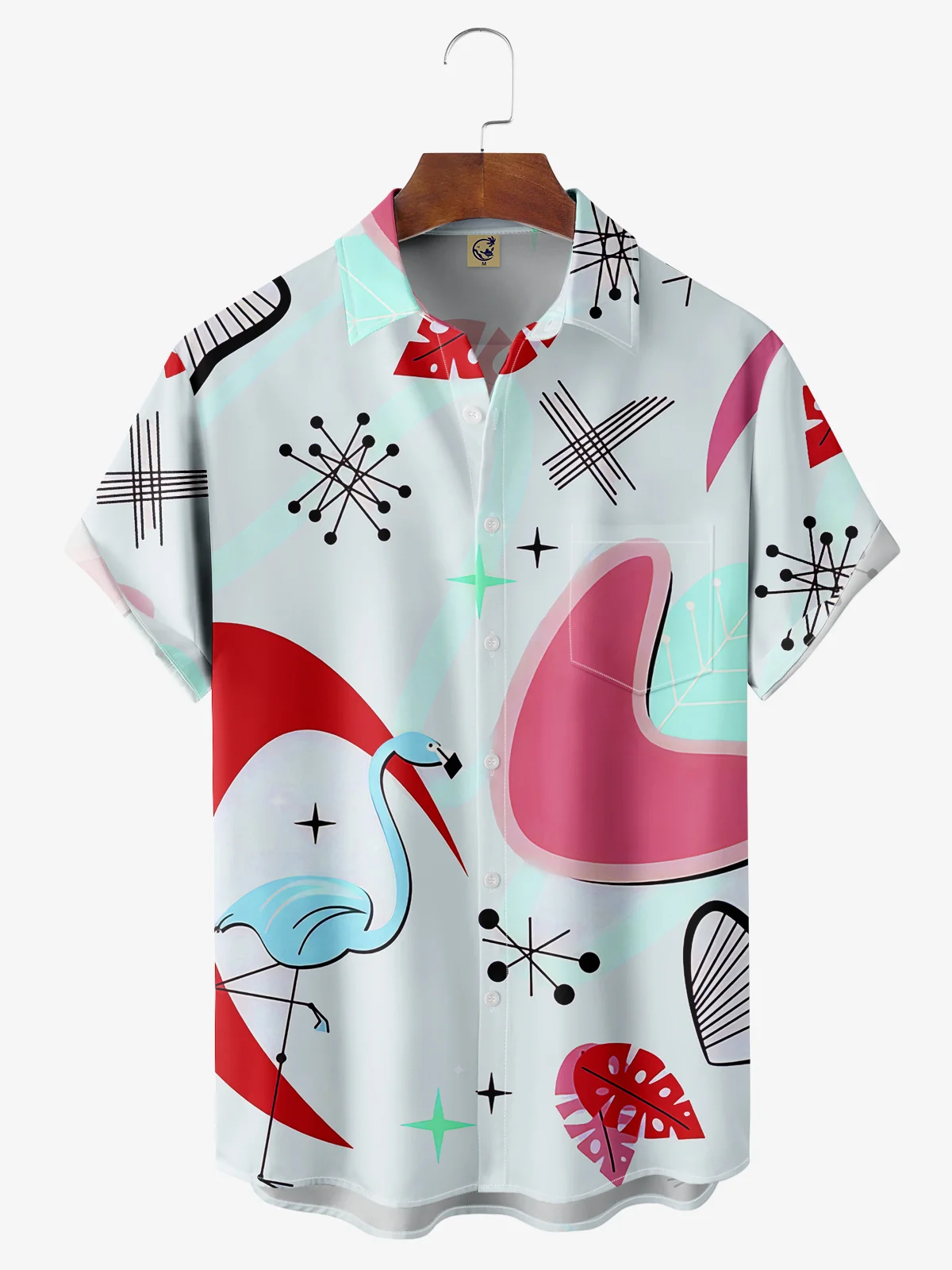 Mid Century Flamingo Chest Pocket Short Sleeve Hawaiian Shirt