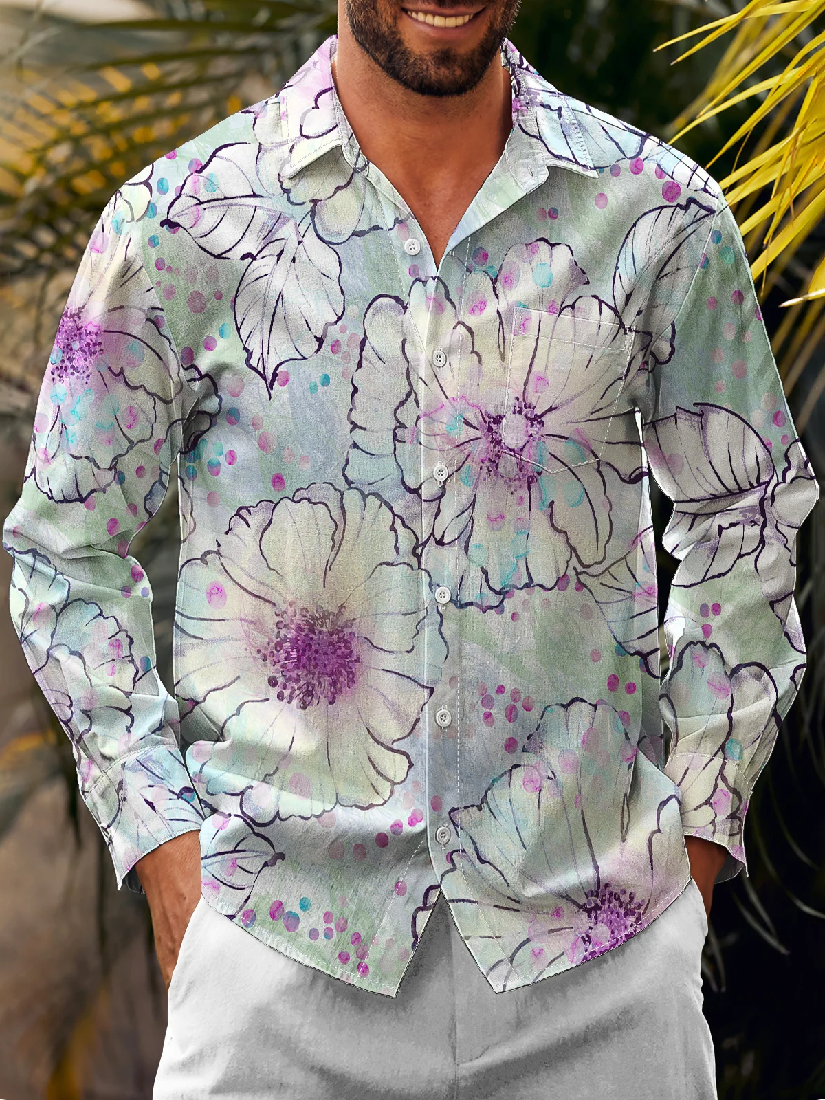 Tropical Floral Chest Pockets Long Sleeve Casual Shirt