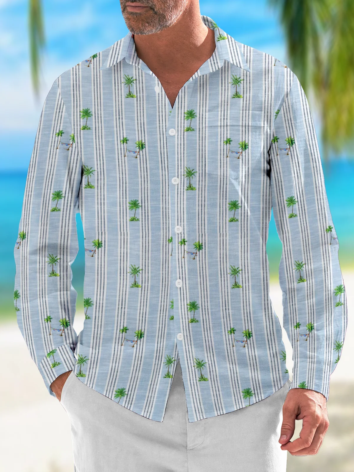 Striped Coconut Tree Chest Pocket Long Sleeve Casual Shirt