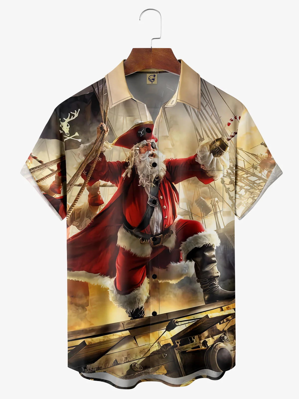 Hardaddy Christmas Pirate Santa Chest Pocket Short Sleeve Hawaiian Shirt