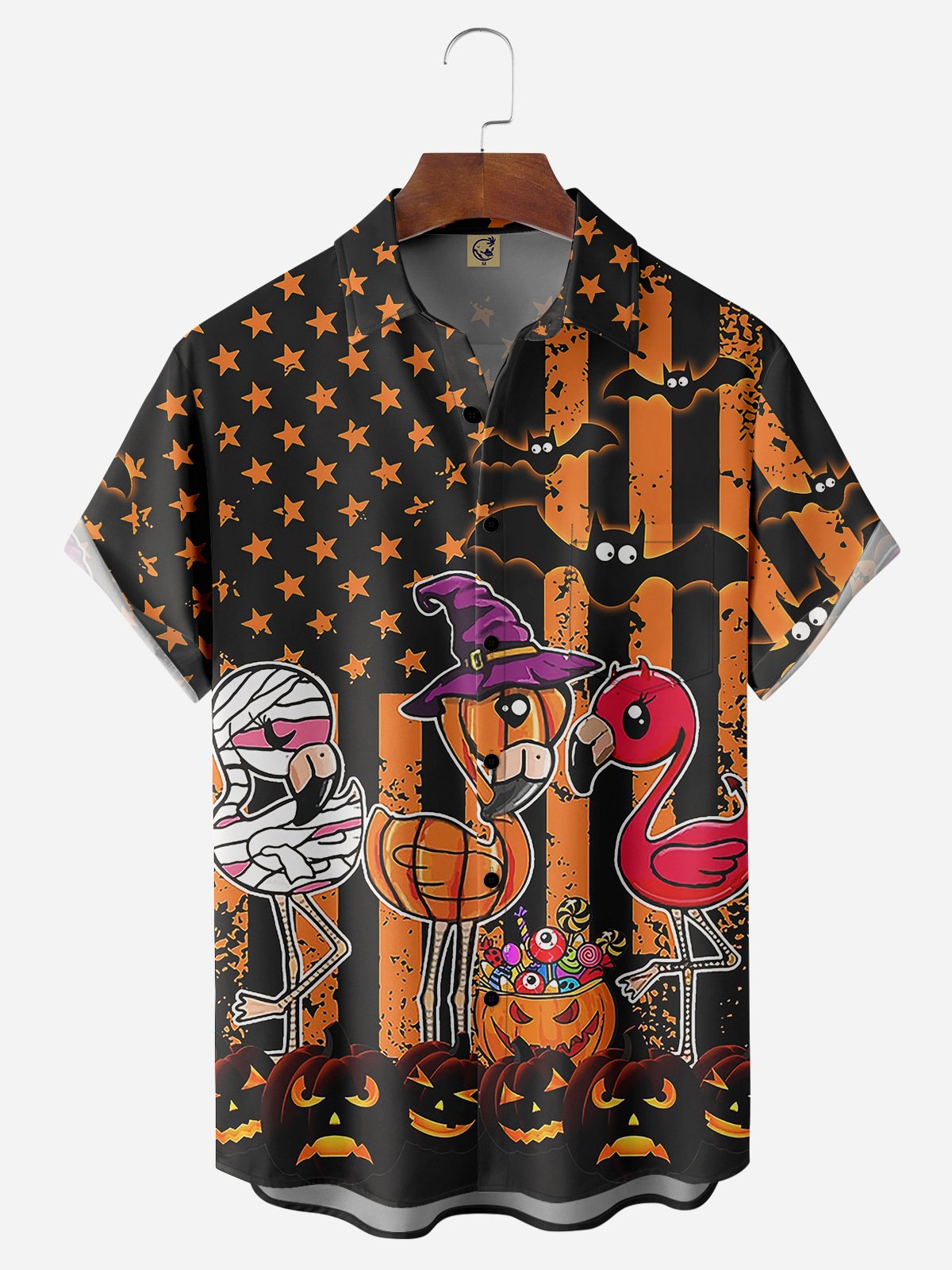 Halloween Flamingo Chest Pocket Short Sleeve Shirt