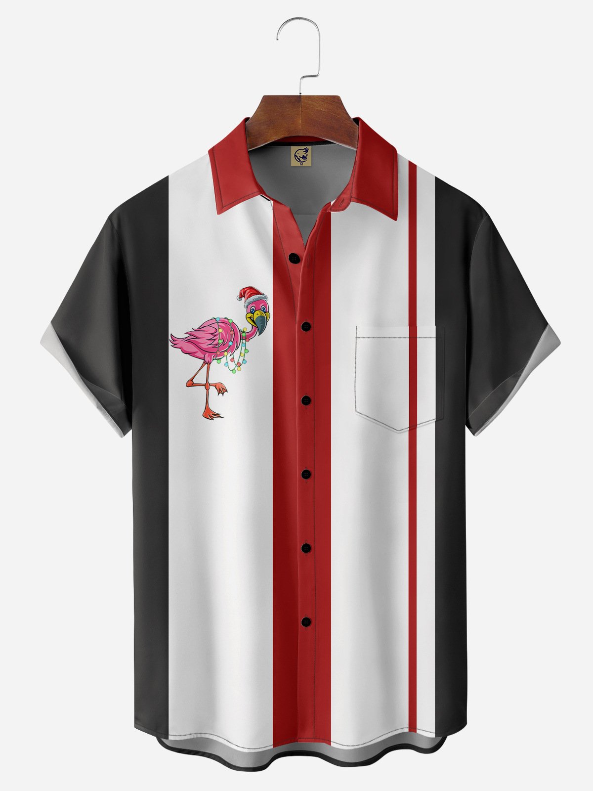 Christmas Flamingo Chest Pocket Short Sleeve Bowling Shirt