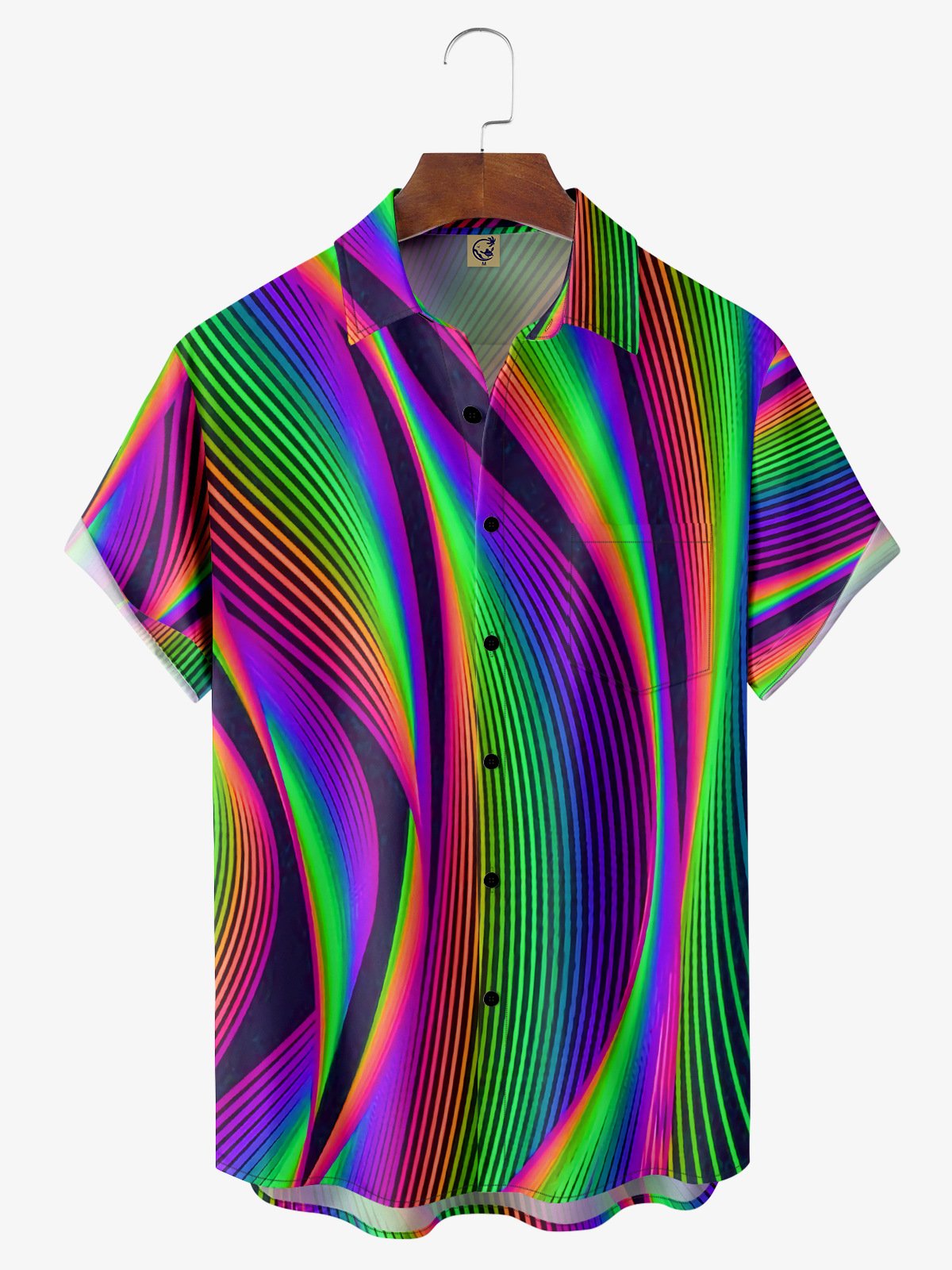 Laser Striped Print Chest Pocket Short Sleeve Casual Shirt