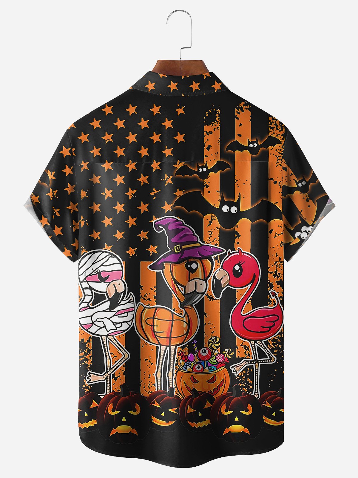 Halloween Flamingo Chest Pocket Short Sleeve Shirt