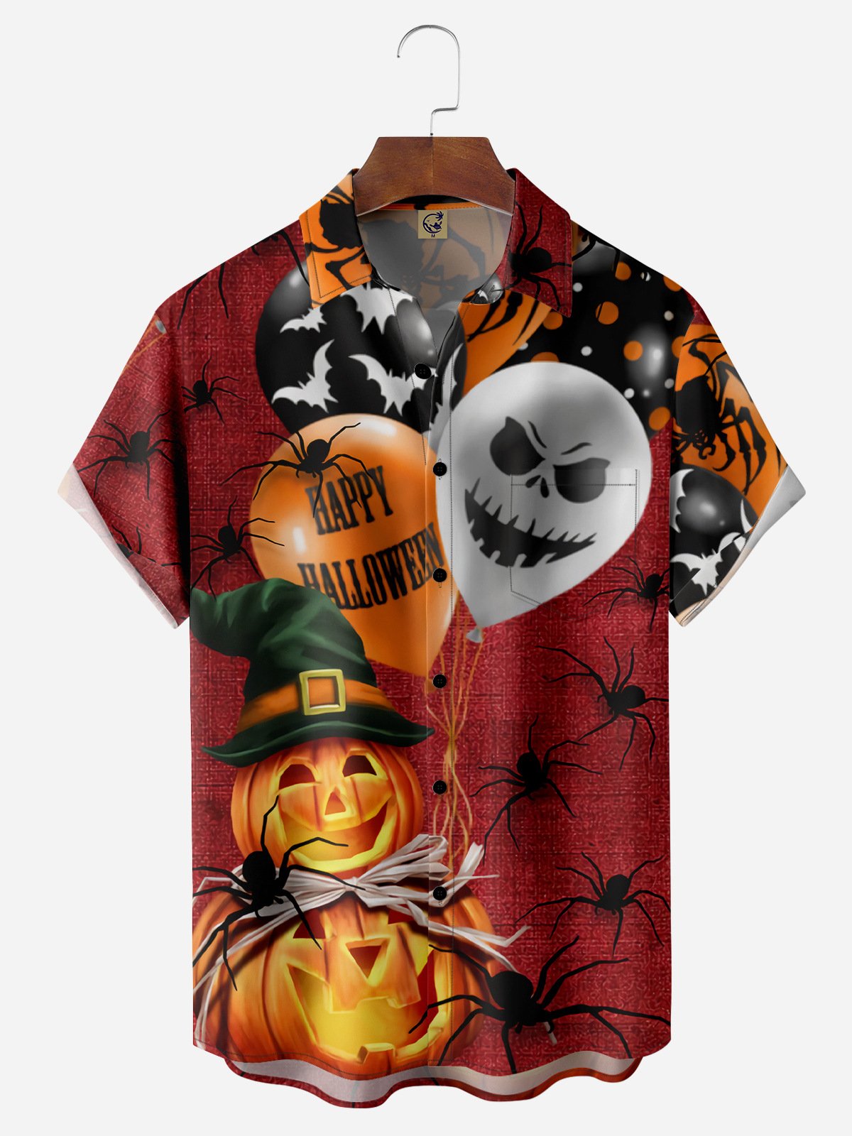 Halloween Pumpkin Balloon Chest Pocket Short Sleeve Casual Shirt