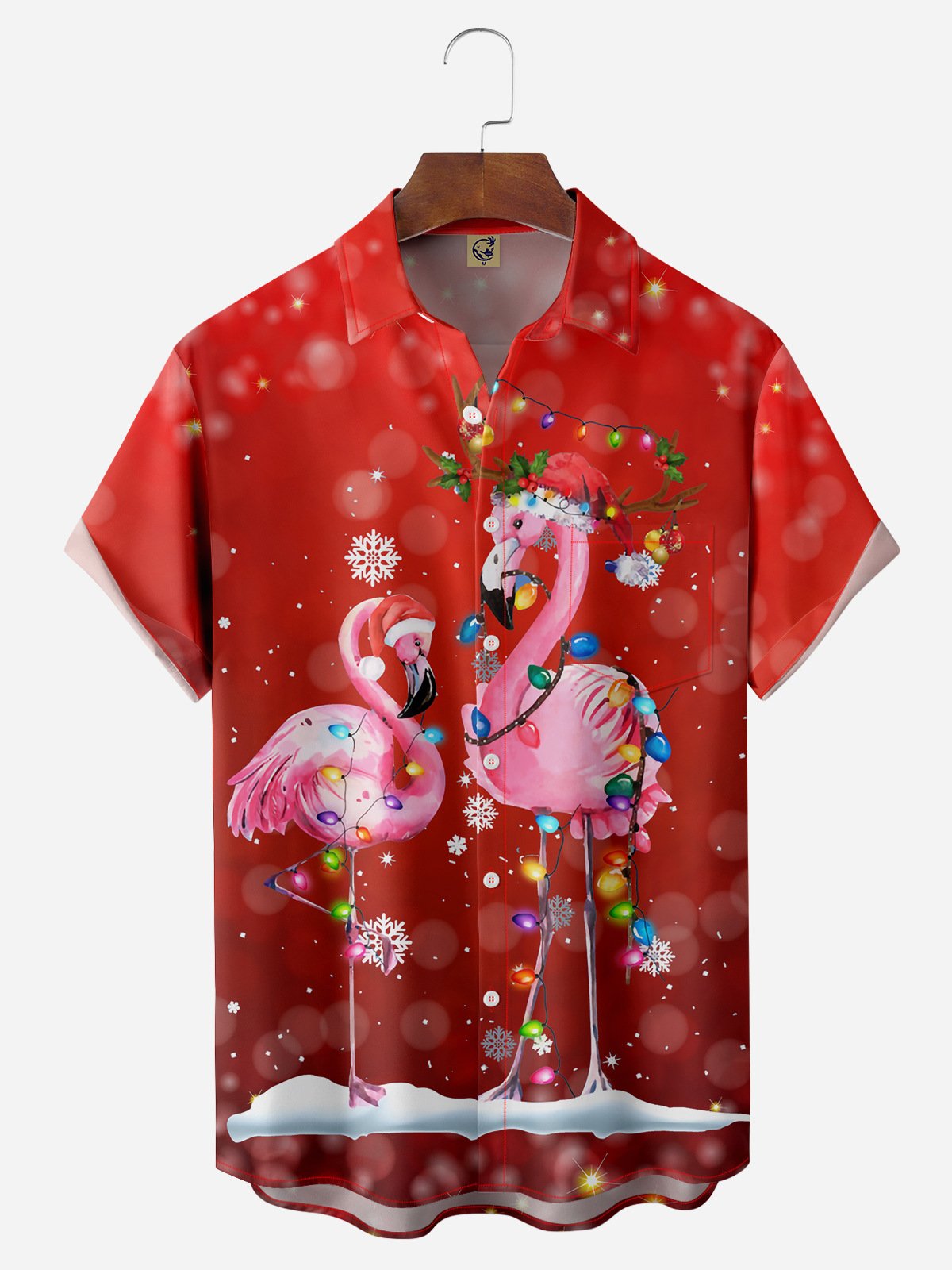 Christmas Flamingo Chest Pocket Short Sleeve Shirt