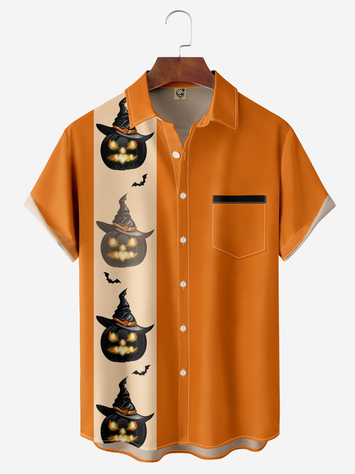 Halloween Pumpkin Chest Pocket Short Sleeve Bowling Shirt