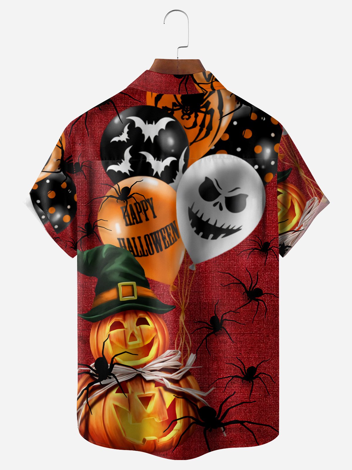 Halloween Pumpkin Balloon Chest Pocket Short Sleeve Casual Shirt