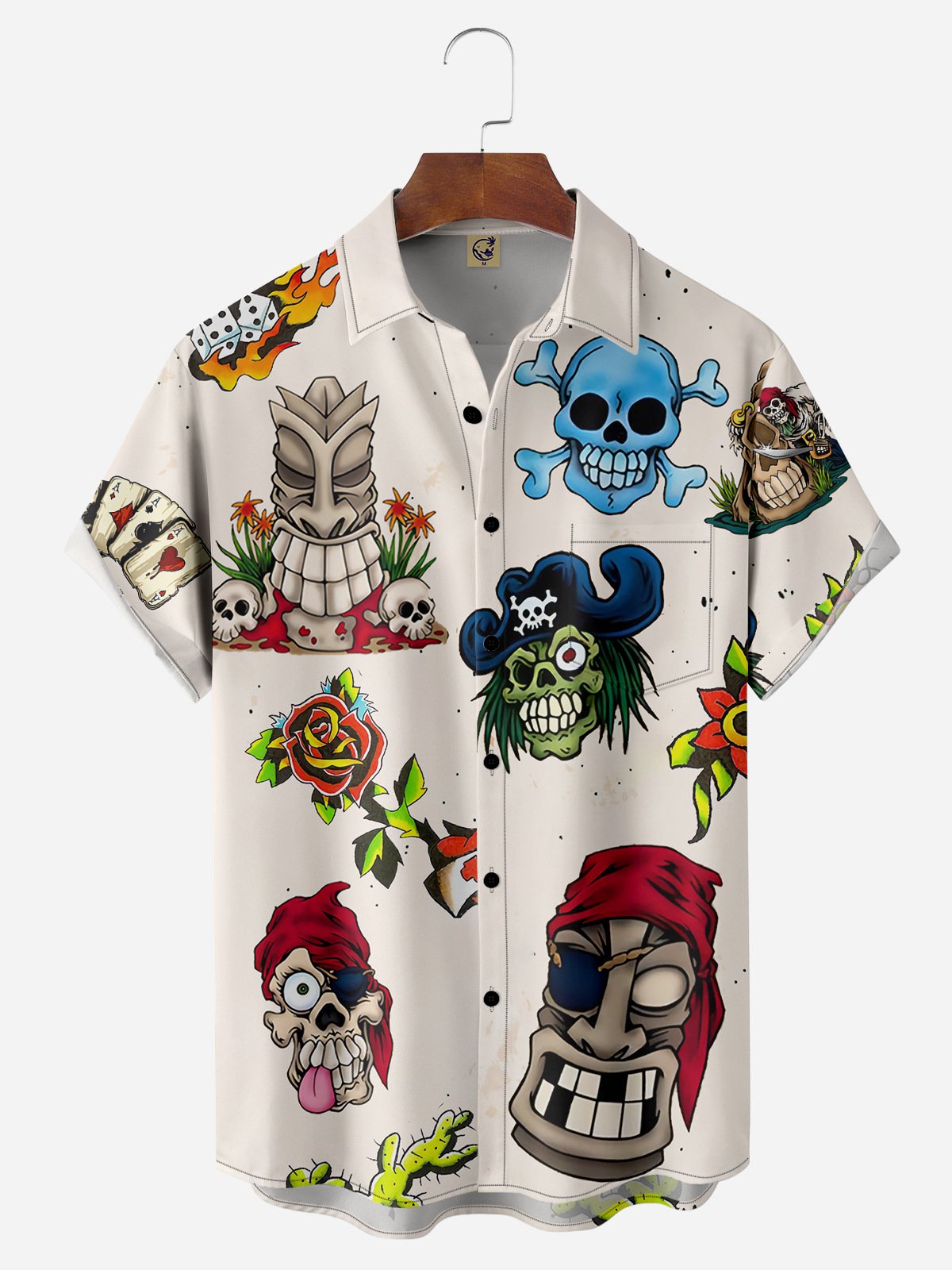 Tiki Tattoo Sticker Chest Pocket Short Sleeve Hawaiian Shirt