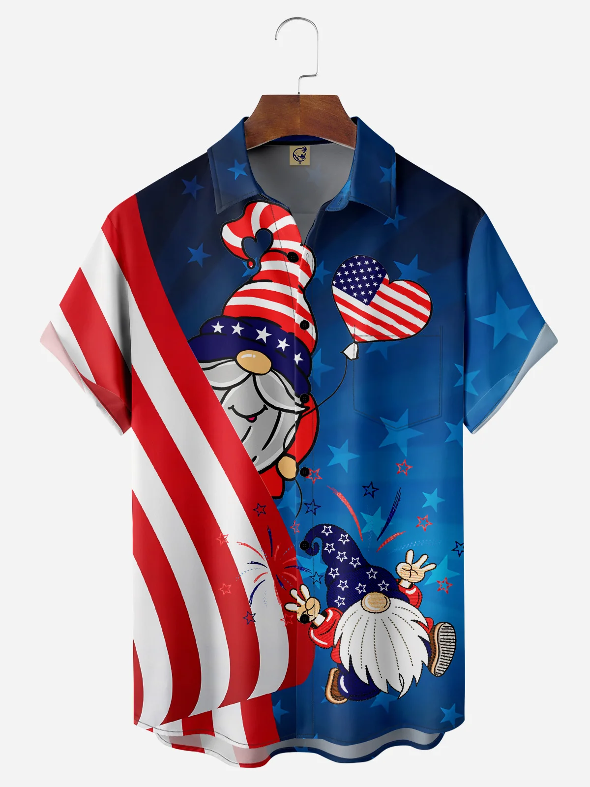 American Flag Gnomes Chest Pocket Short Sleeve Casual Shirt