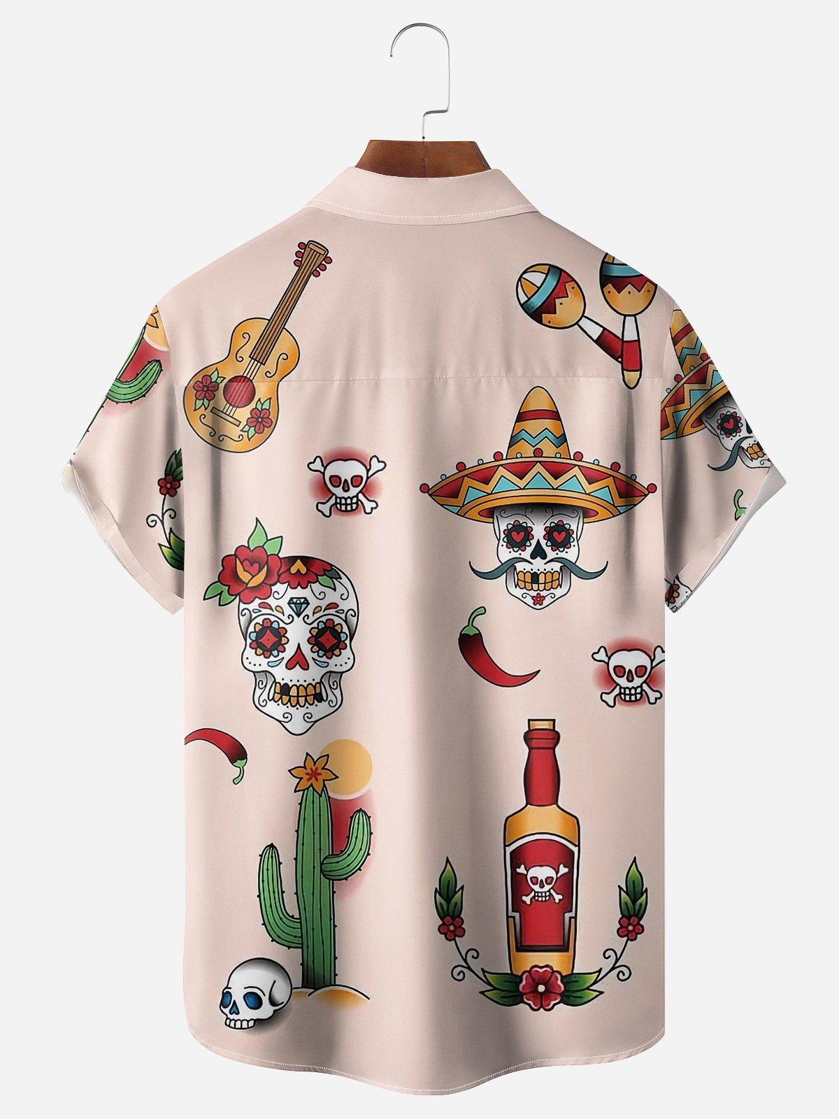 Skeleton Cactus Guitar Chest Pocket Short Sleeve Casual Shirt