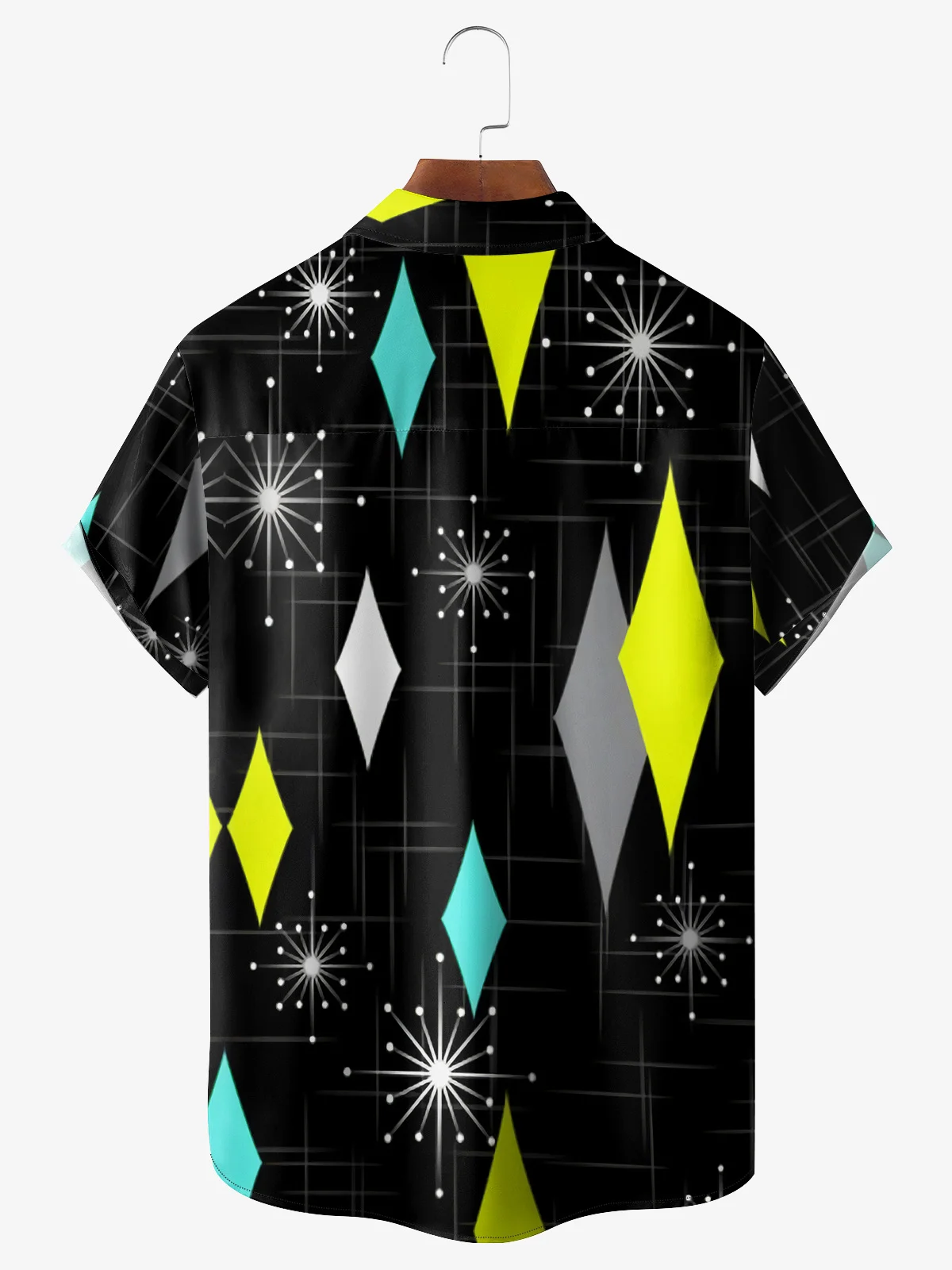 Mid-century Geometric Diamond Chest Pocket Short Sleeve Casual Shirt