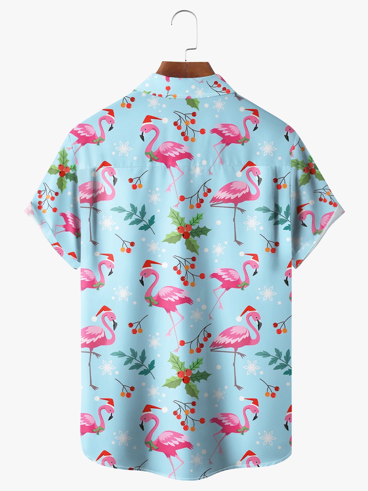 Christmas Flamingo Chest Pocket Short Sleeve Hawaiian Shirt