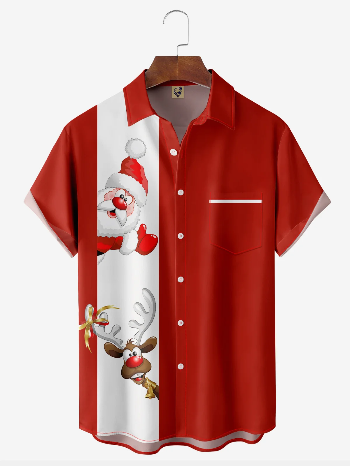 Santa Elk Chest Pocket Short Sleeve Bowling Shirt
