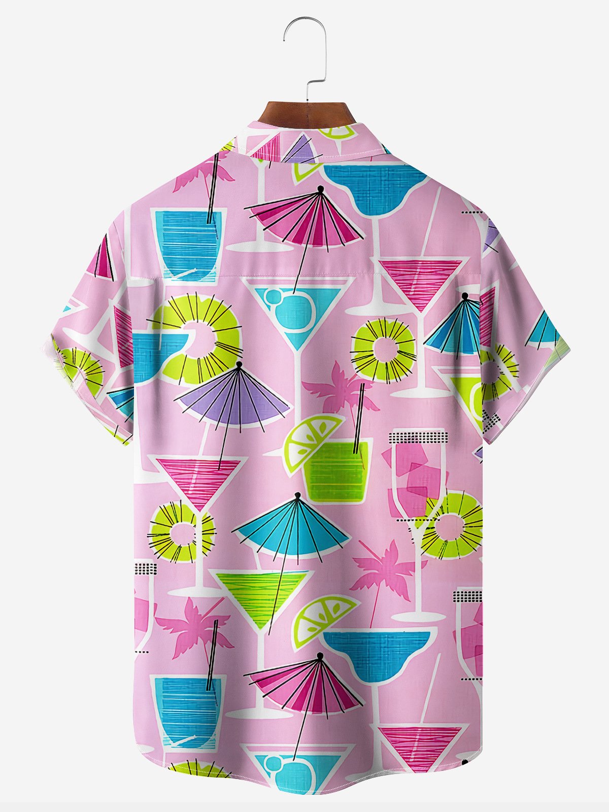 Cocktail Coconut Tree Chest Pocket Short Sleeve Casual Shirt