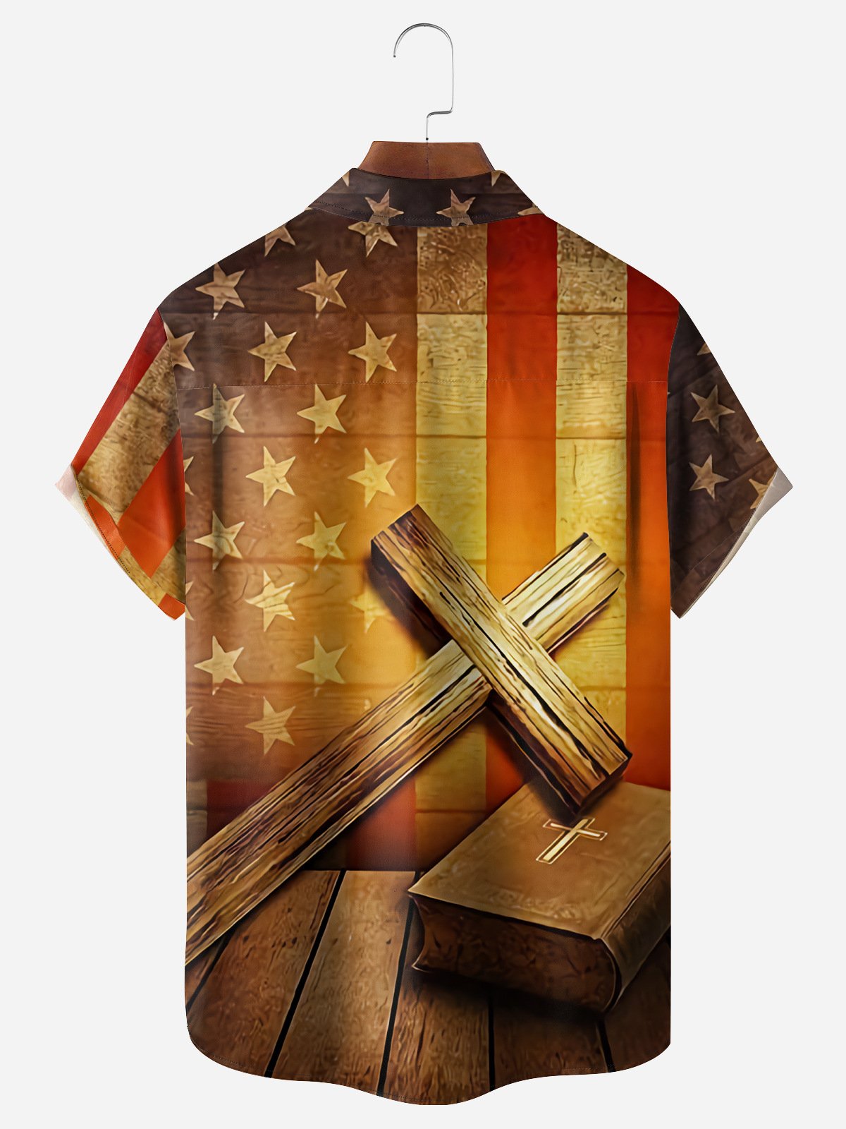 American Flag Crucifix Chest Pocket Short Sleeve Shirt