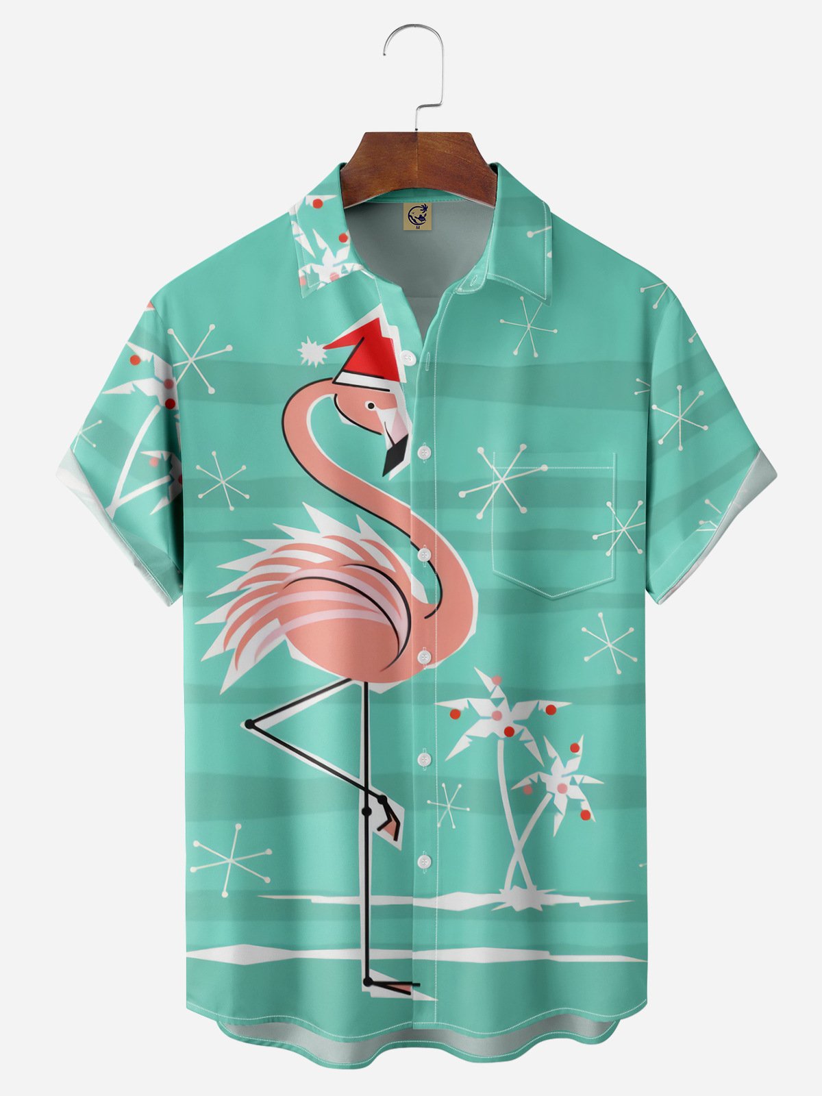 Christmas Flamingo Chest Pocket Short Sleeve Casual Shirt