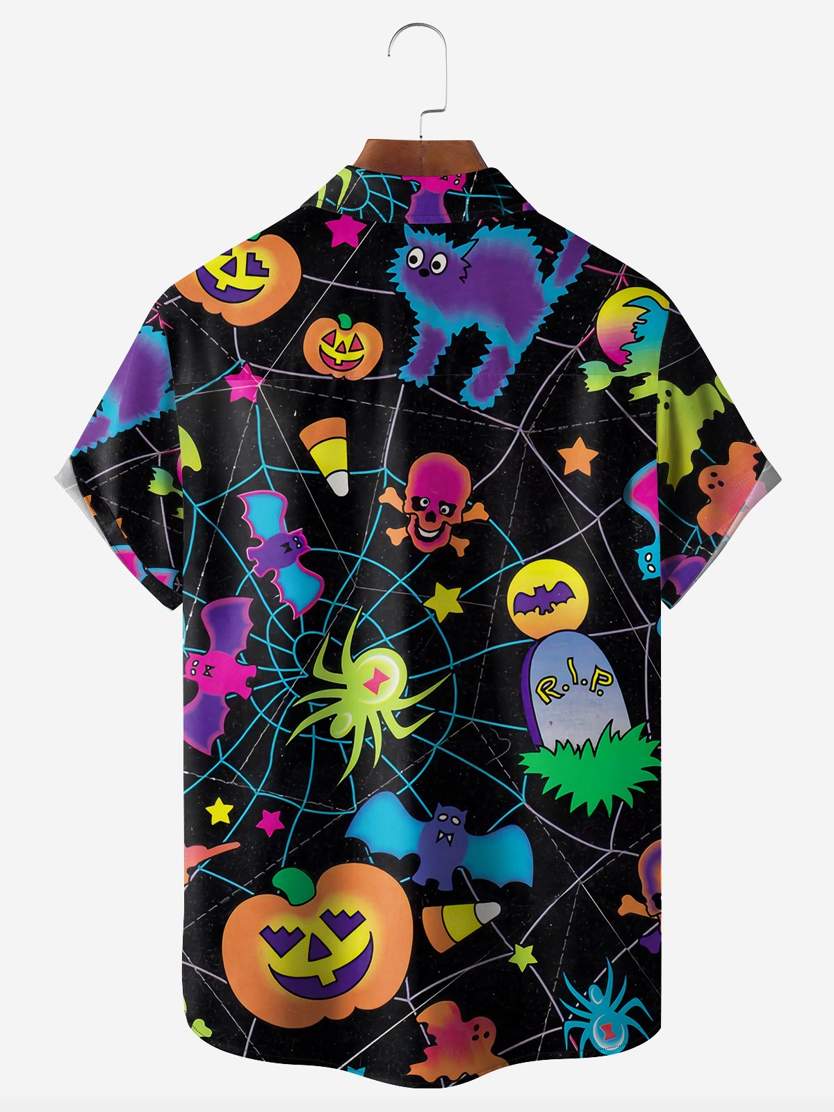 Halloween Spider Web Chest Pocket Short Sleeve Casual Shirt