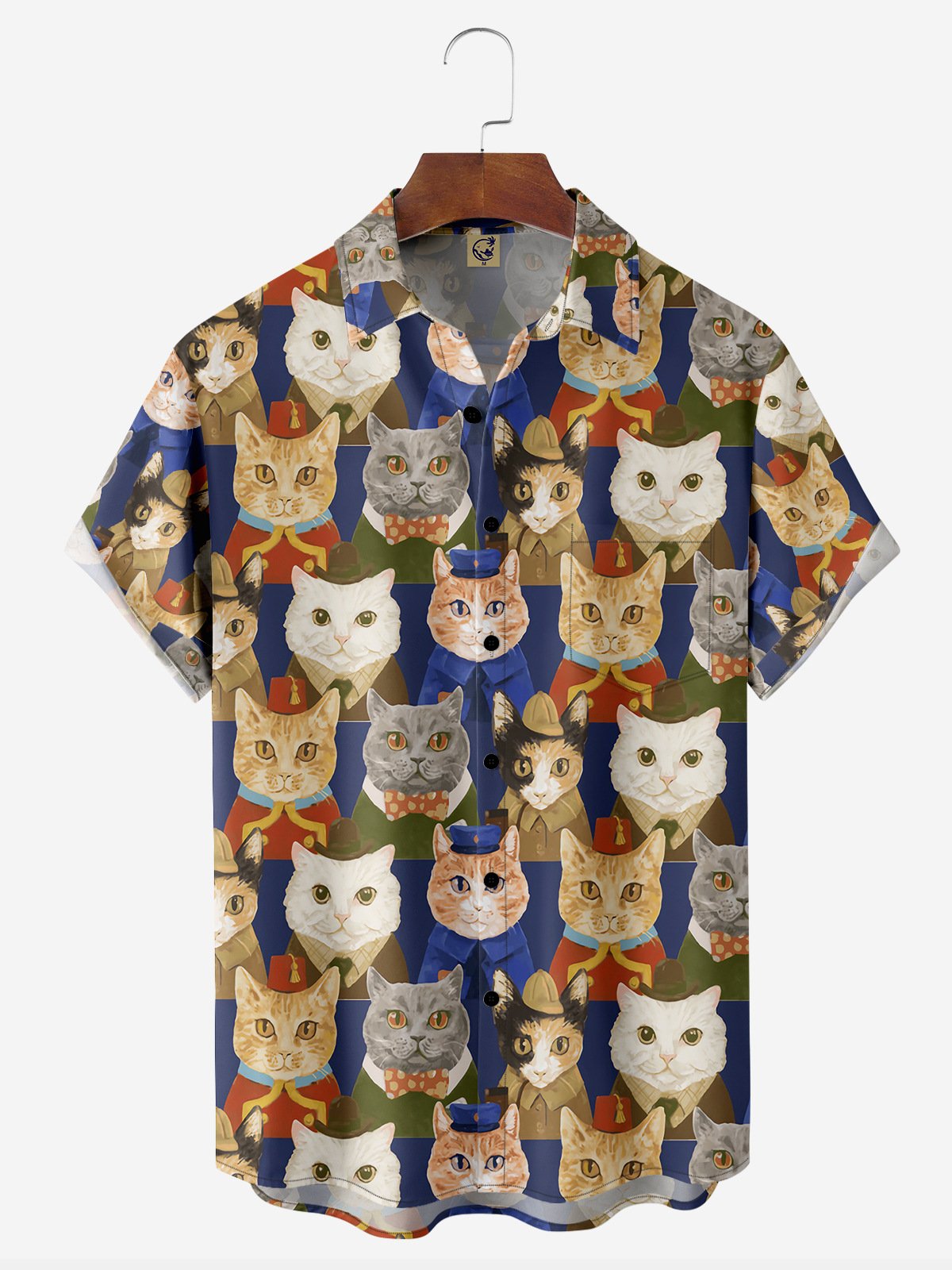 Cat Illustration Chest Pocket Short Sleeve Casual Shirt