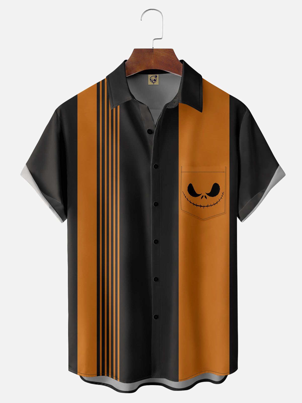 Pumpkin Face Chest Pocket Short Sleeve Bowling Shirt