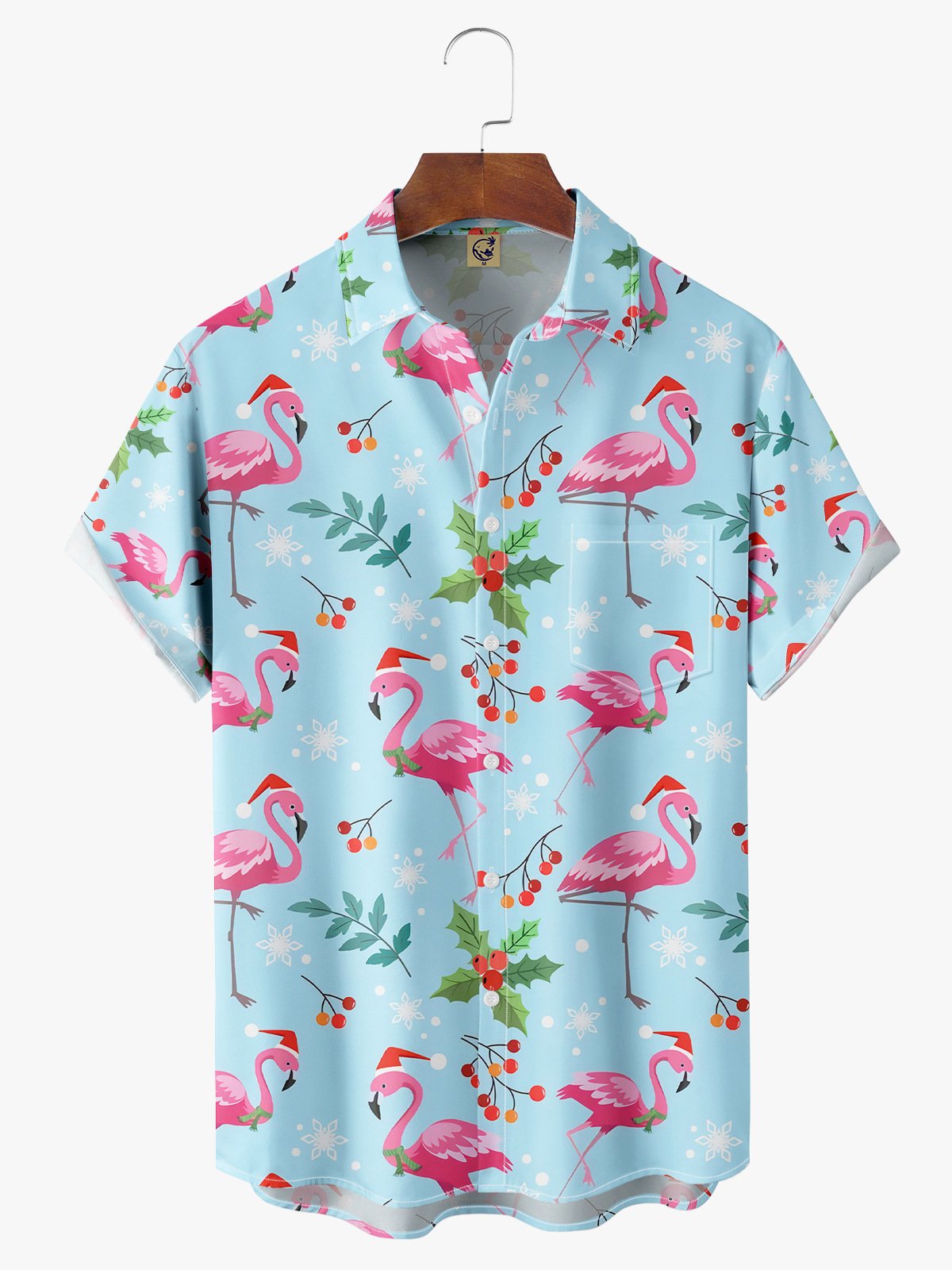 Christmas Flamingo Chest Pocket Short Sleeve Hawaiian Shirt