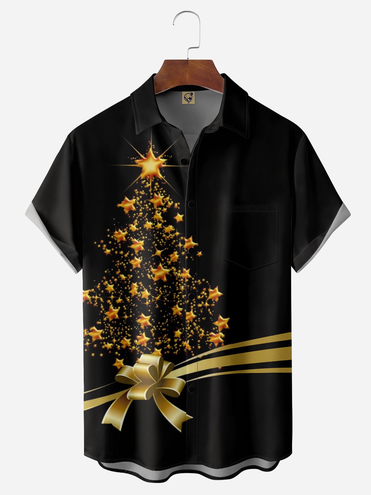 Christmas Star Tree Chest Pocket Short Sleeve Casual Shirt