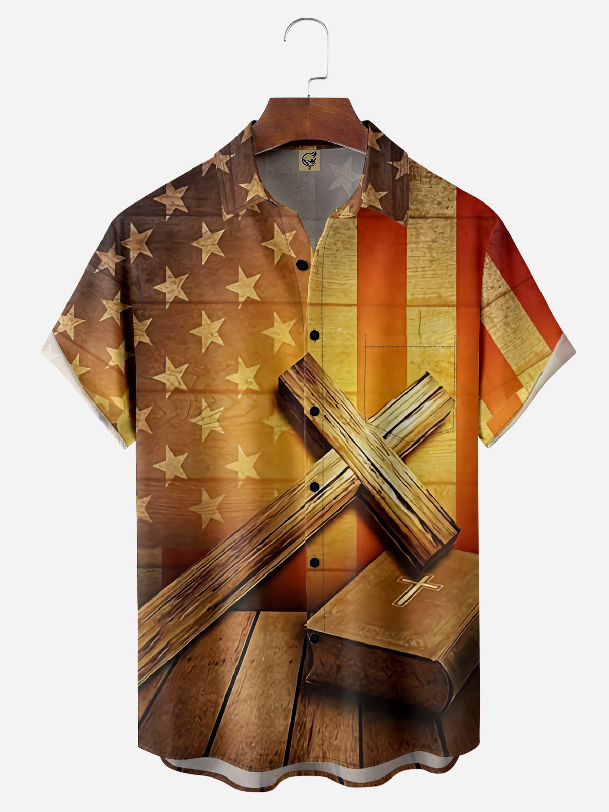 American Flag Crucifix Chest Pocket Short Sleeve Shirt