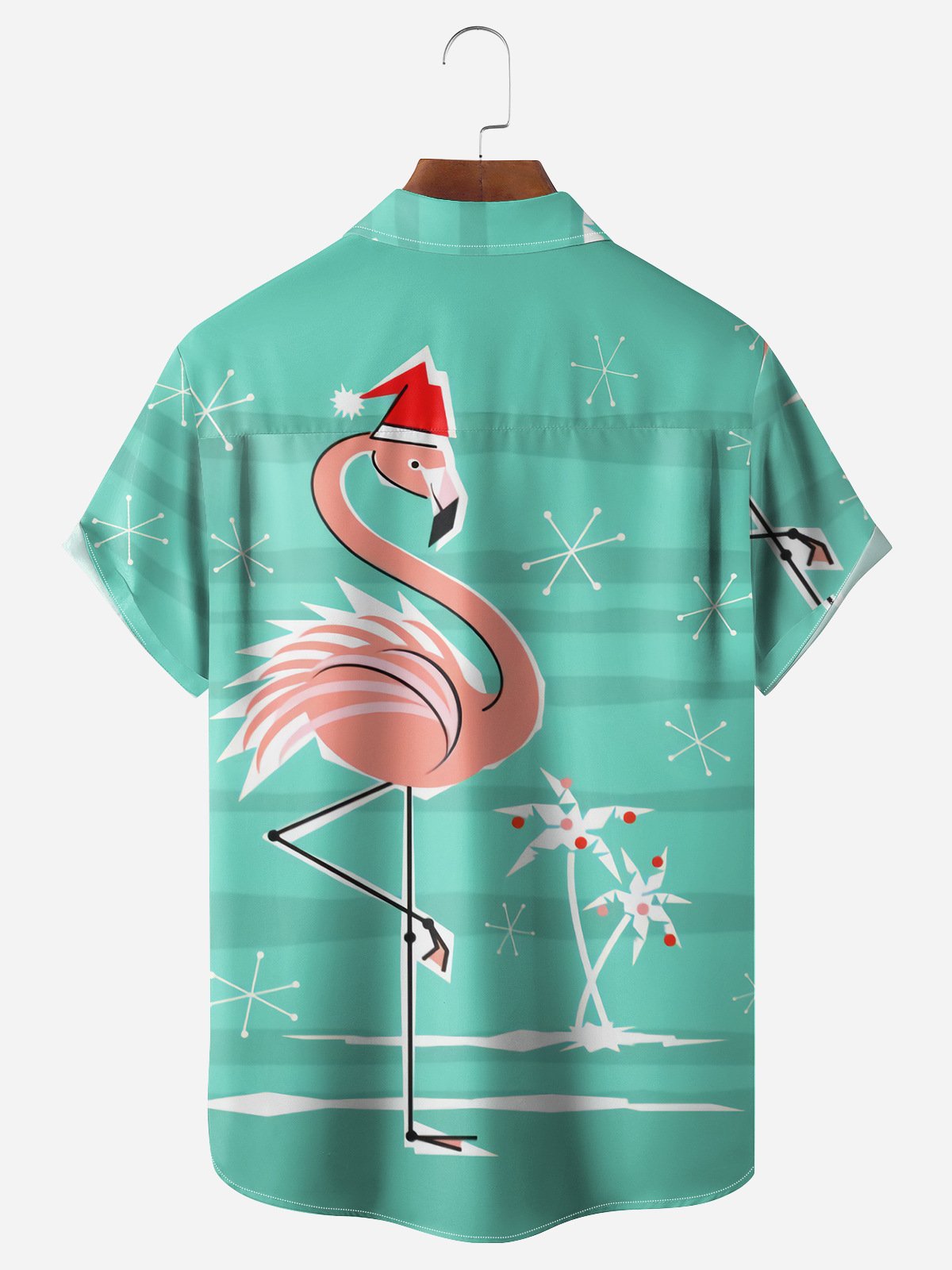 Christmas Flamingo Chest Pocket Short Sleeve Casual Shirt