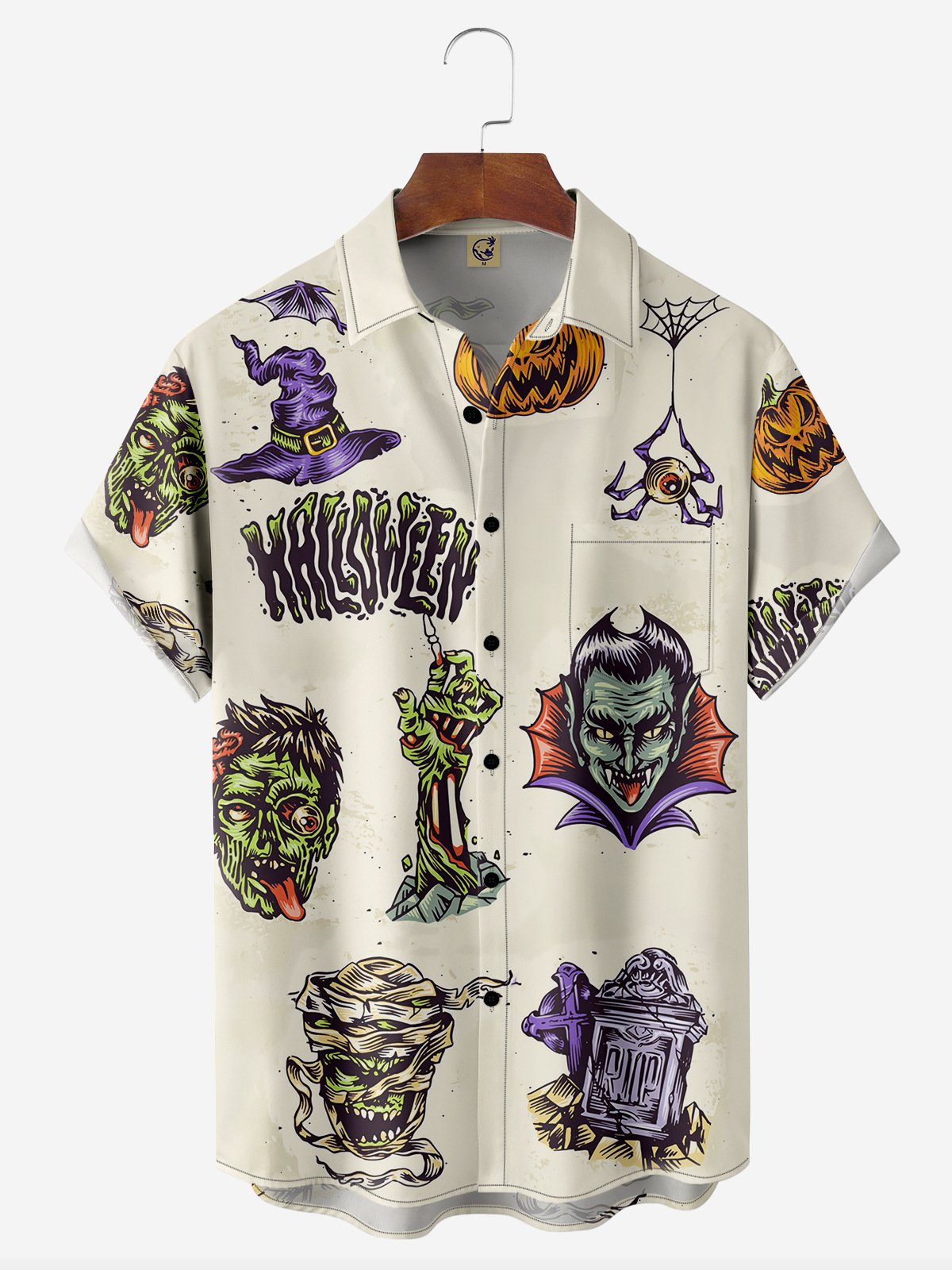 Halloween Zombie Chest Pocket Short Sleeve Casual Shirt