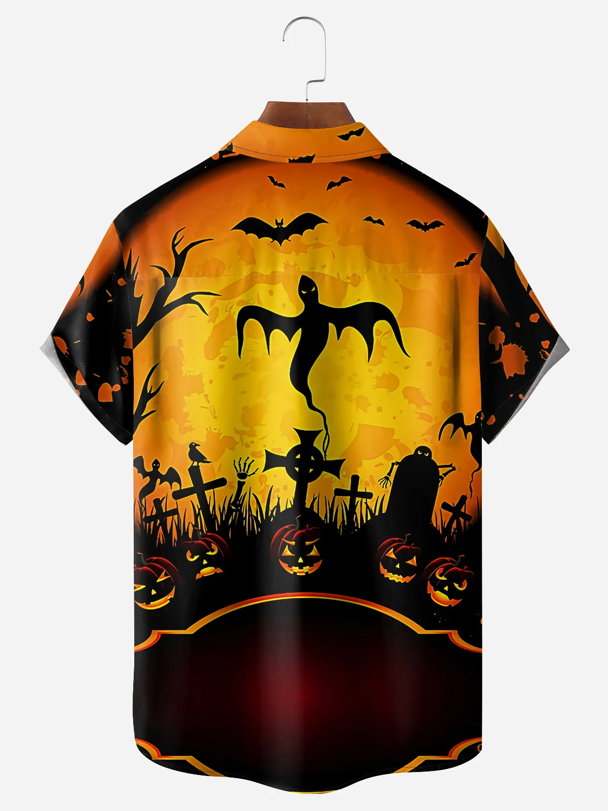 Halloween Cat Pumpkin Chest Pocket Short Sleeve Shirt