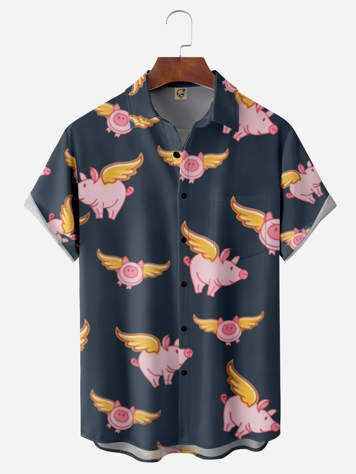 Cartoon Flying Pig Chest Pocket Short Sleeve Casual Shirt