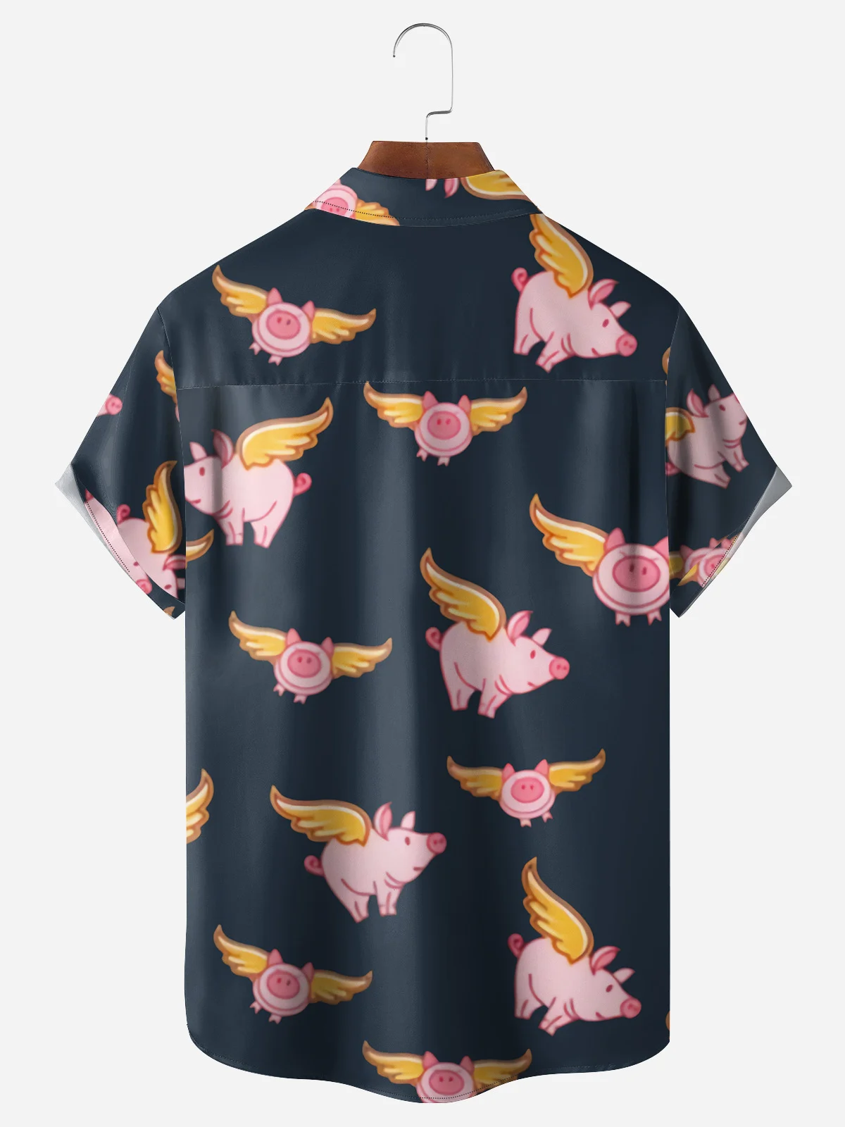 Cartoon Flying Pig Chest Pocket Short Sleeve Casual Shirt