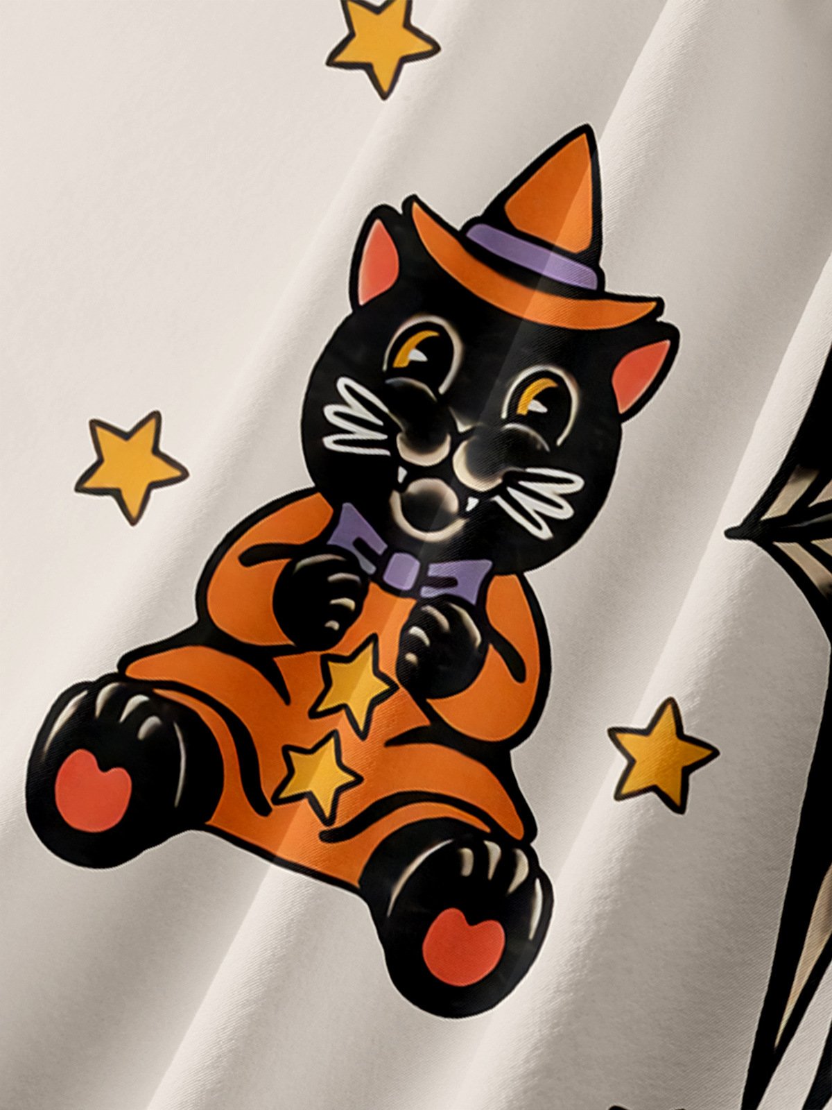 Halloween Witch Cat Chest Pocket Short Sleeve Shirt