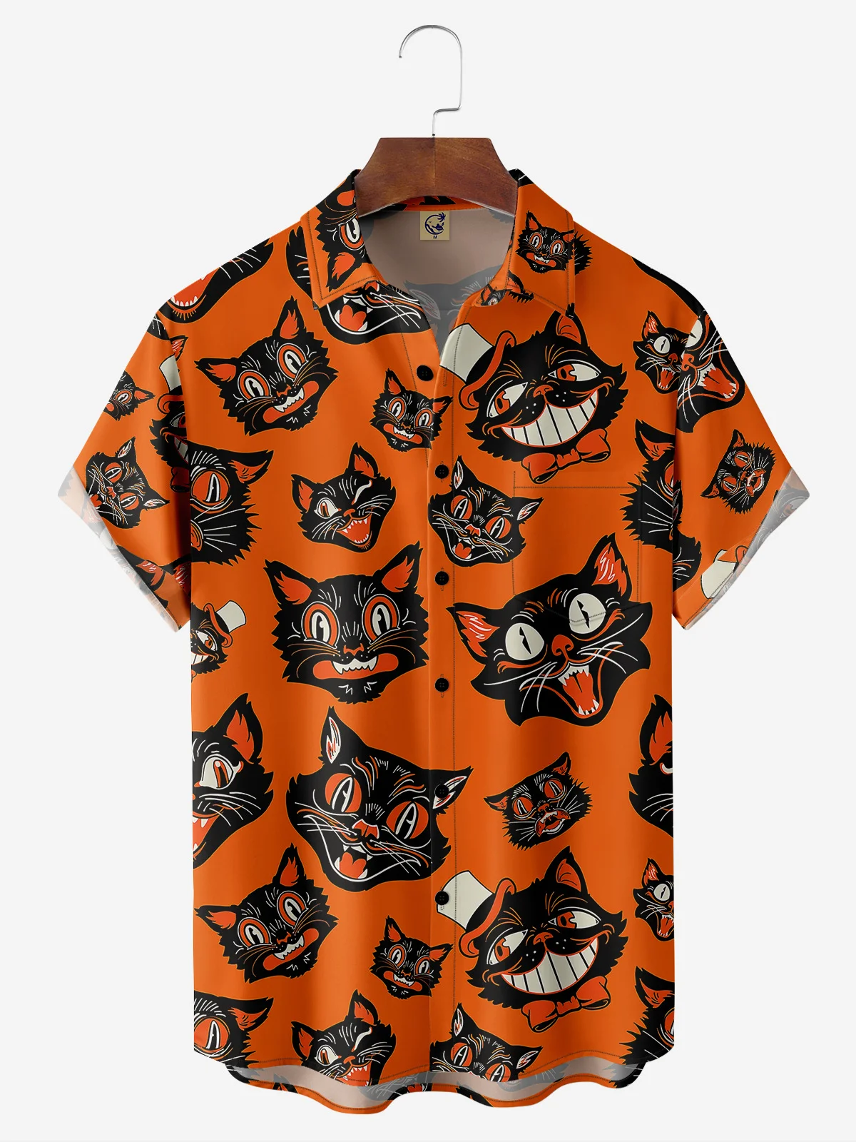 Halloween Cat Chest Pocket Short Sleeve Shirt