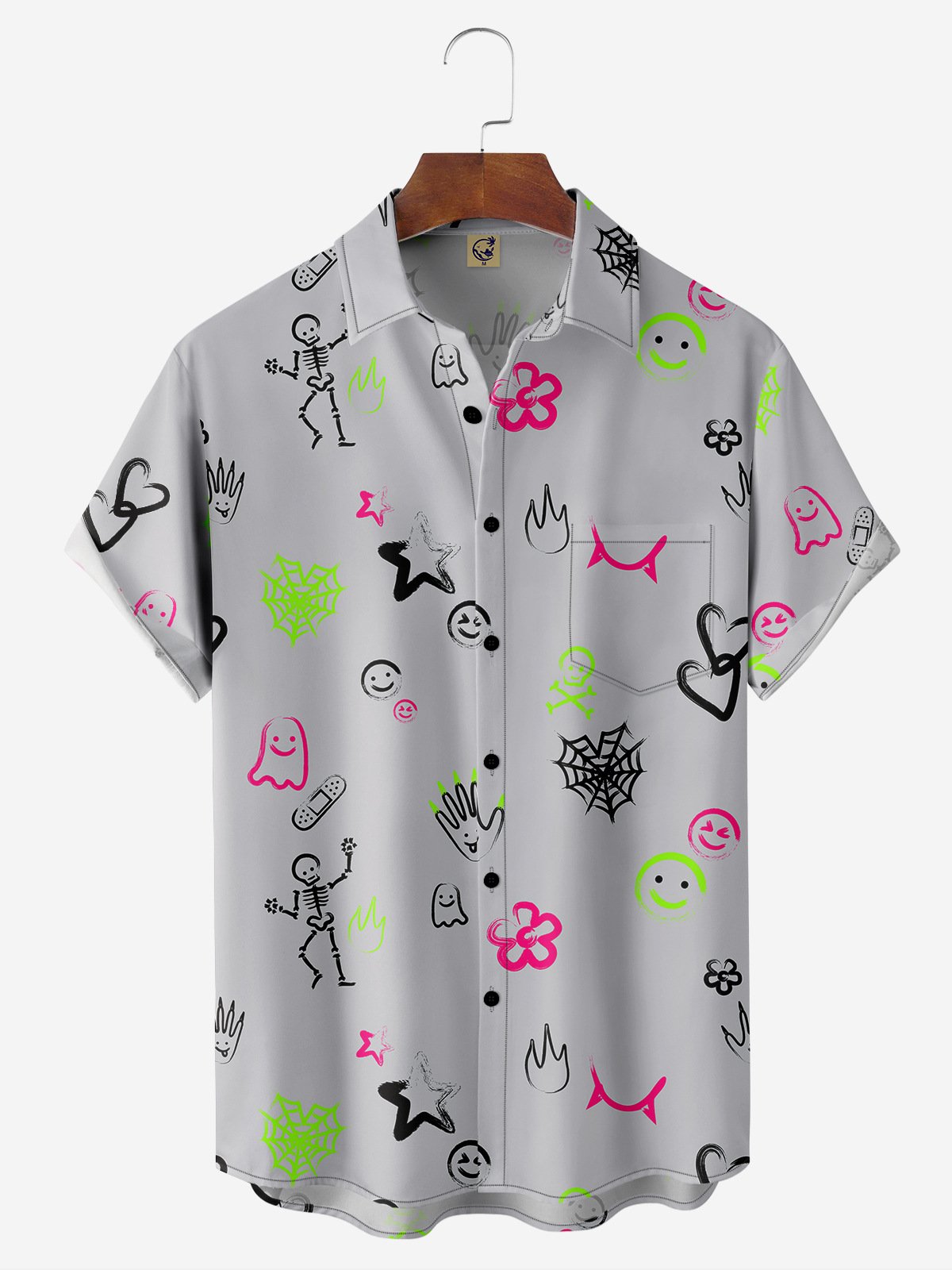 Halloween Ghost Chest Pocket Short Sleeve Casual Shirt