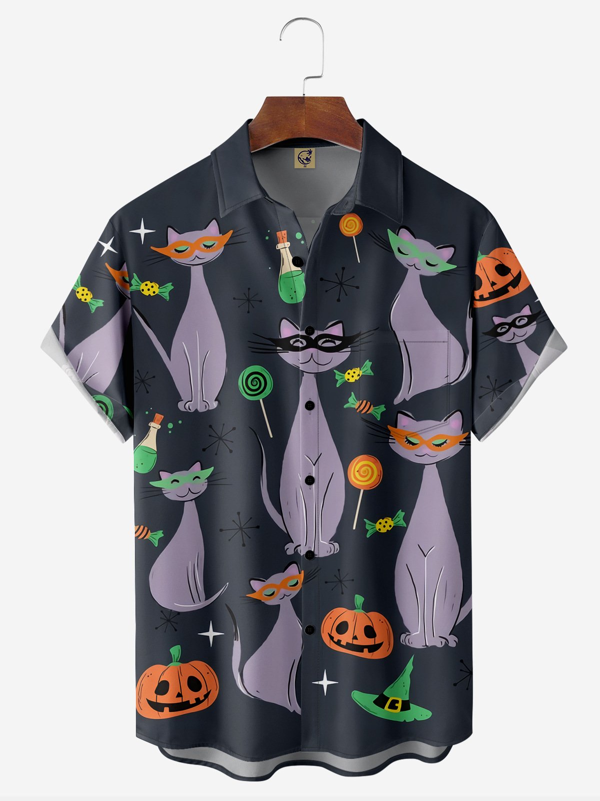 Halloween Cat Chest Pocket Short Sleeve Casual Shirt