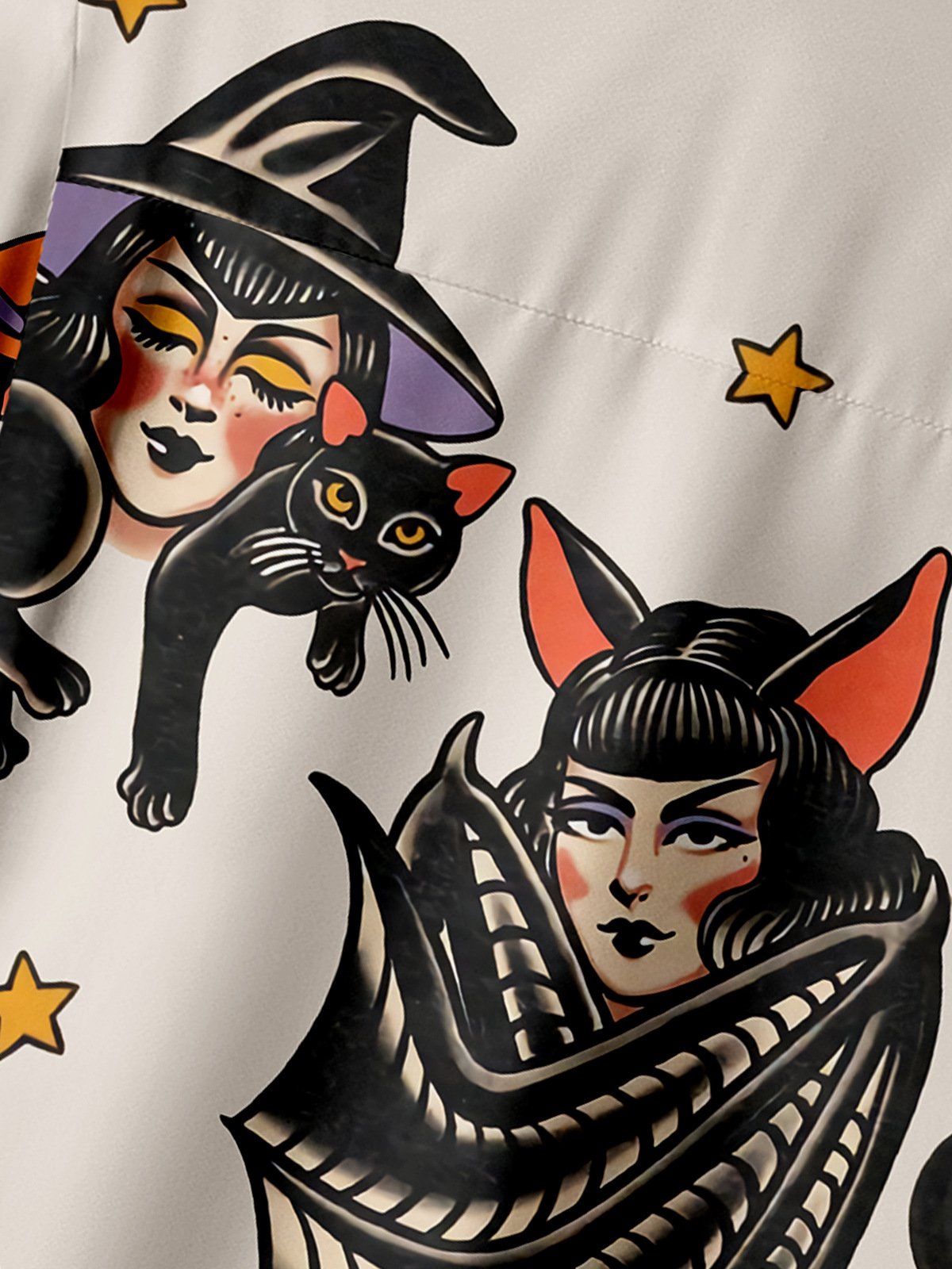 Halloween Witch Cat Chest Pocket Short Sleeve Shirt