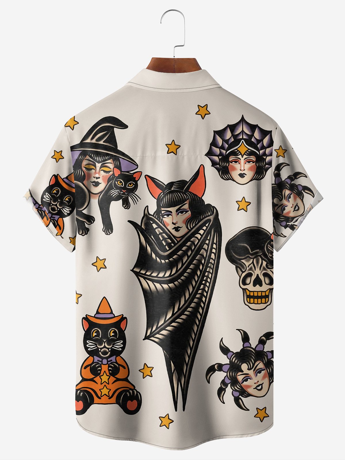 Halloween Witch Cat Chest Pocket Short Sleeve Shirt