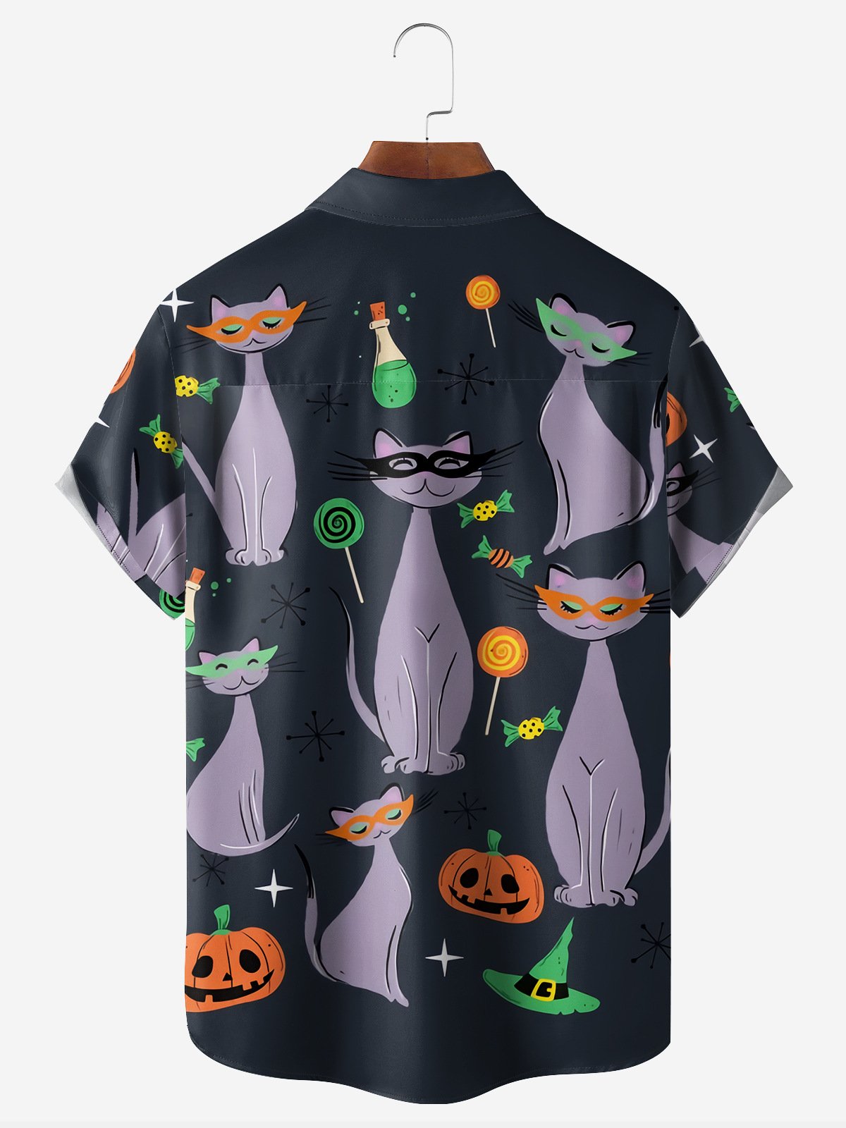 Halloween Cat Chest Pocket Short Sleeve Casual Shirt