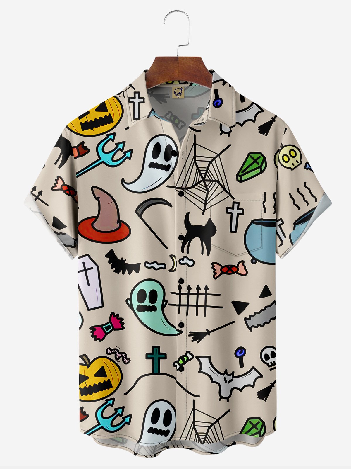 Halloween Ghost Chest Pocket Short Sleeve Casual Shirt