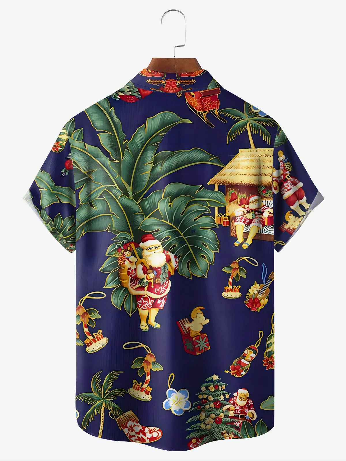 Santa Claus and Palm Tree Chest Pocket Short Sleeve Casual Shirt