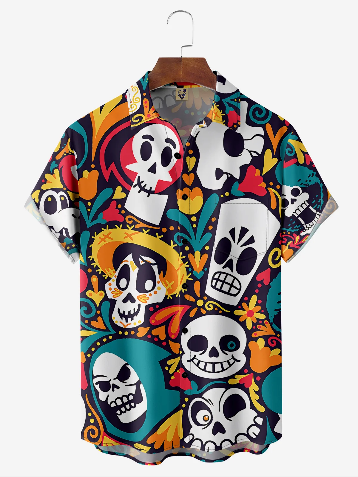 Mexican Independence Day Skull Chest Pocket Short Sleeve Shirt