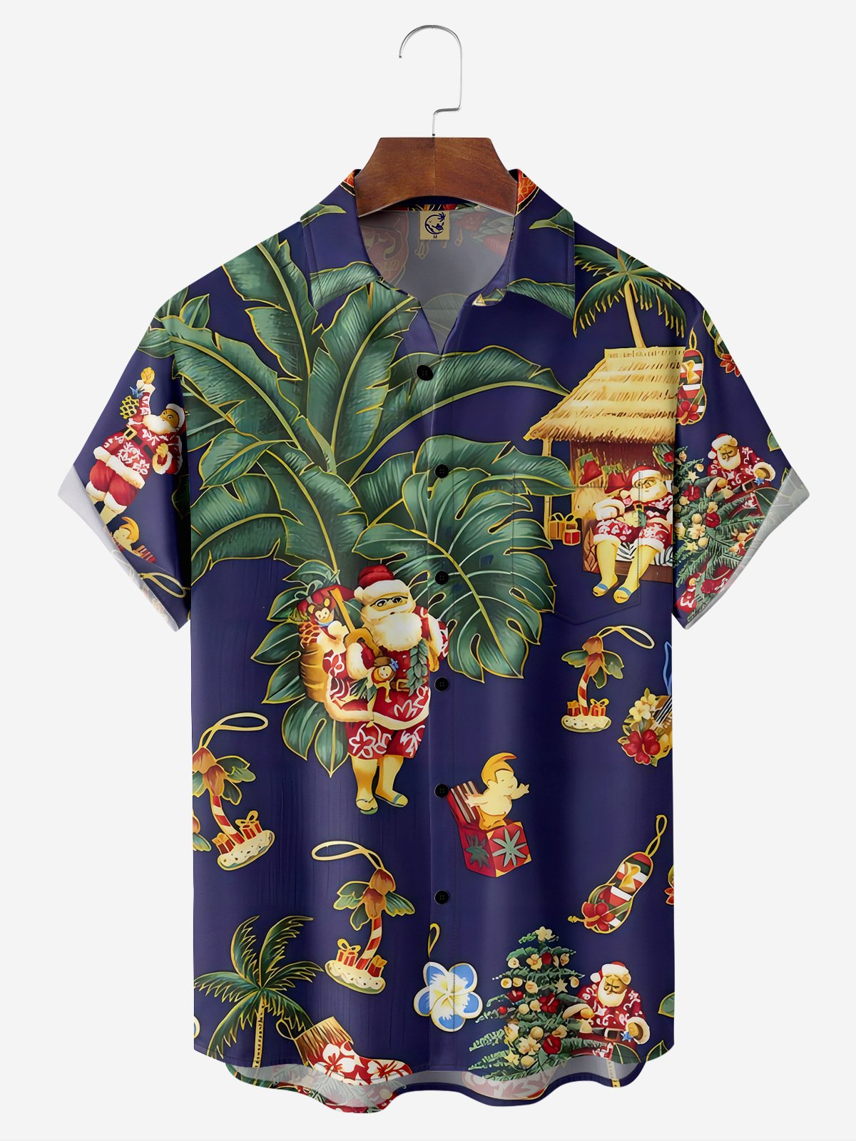 Santa Claus and Palm Tree Chest Pocket Short Sleeve Casual Shirt