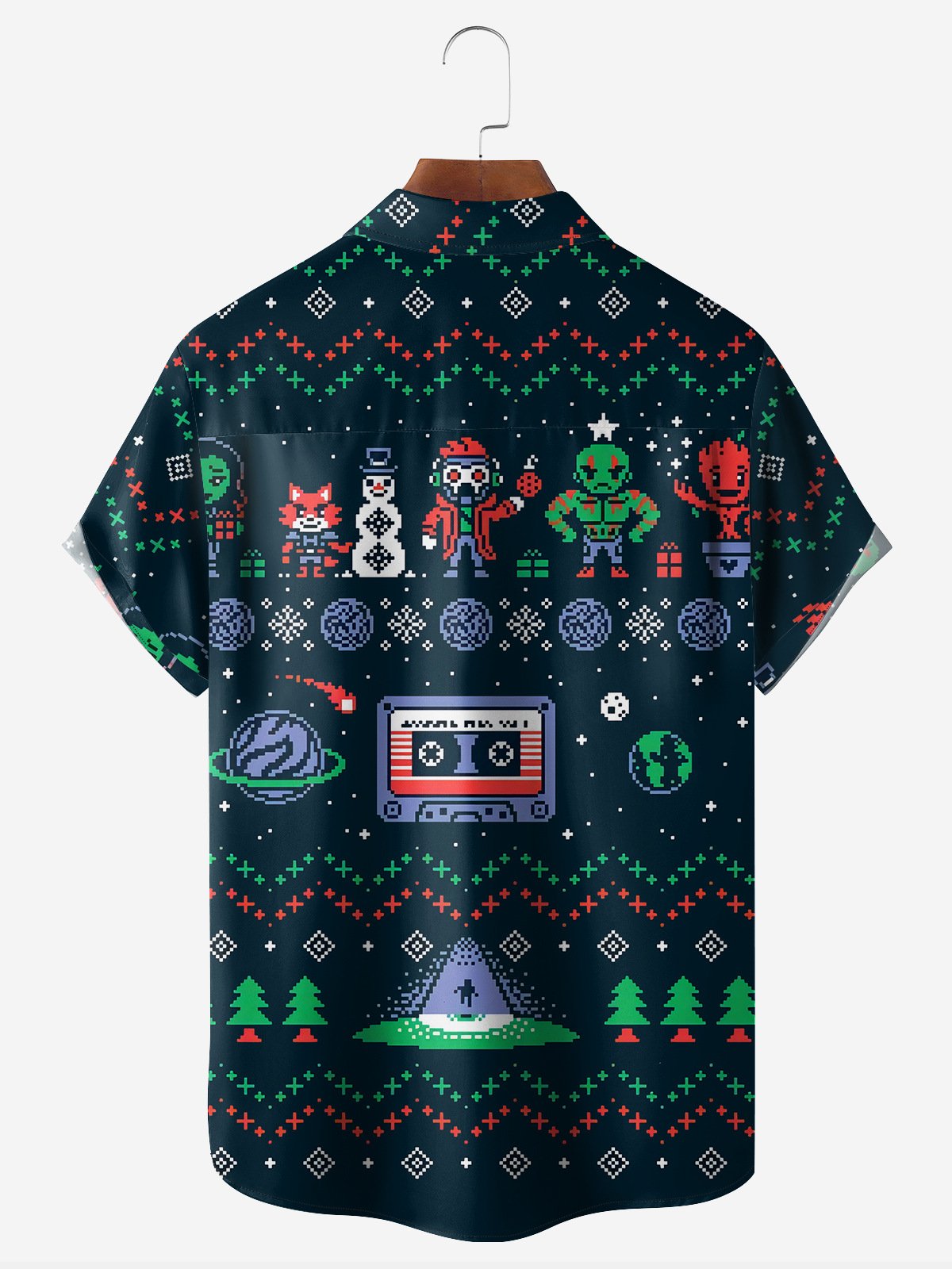 Christmas Cartoon Figures Chest Pocket Short Sleeve Casual Shirt