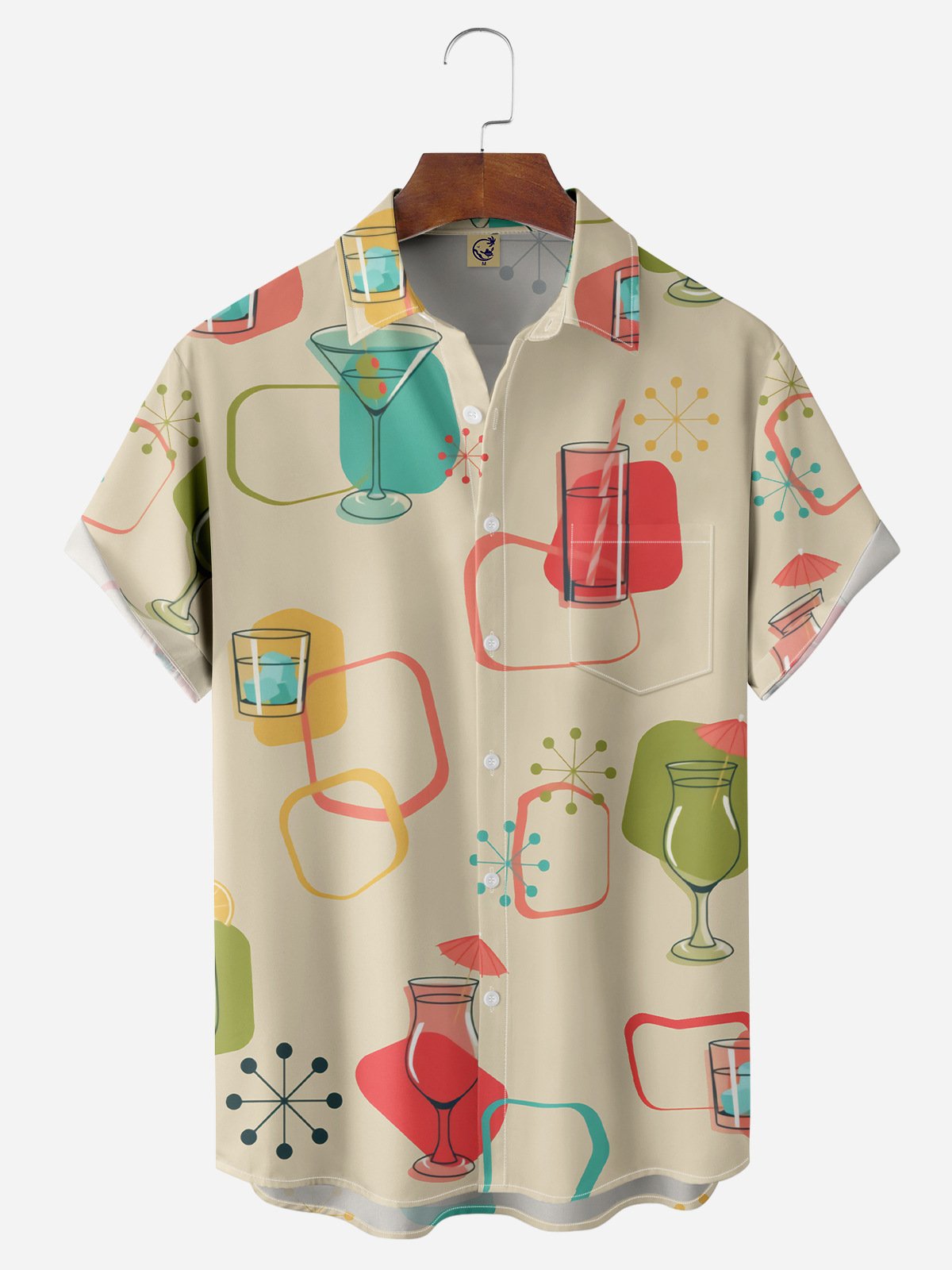 Geometric Cocktail Chest Pocket Short Sleeve Casual Shirt