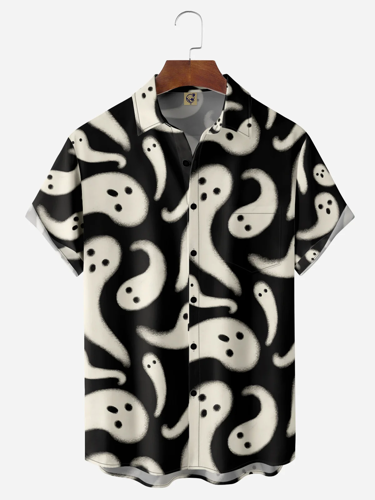 Halloween Ghost Chest Pocket Short Sleeve Casual Shirt
