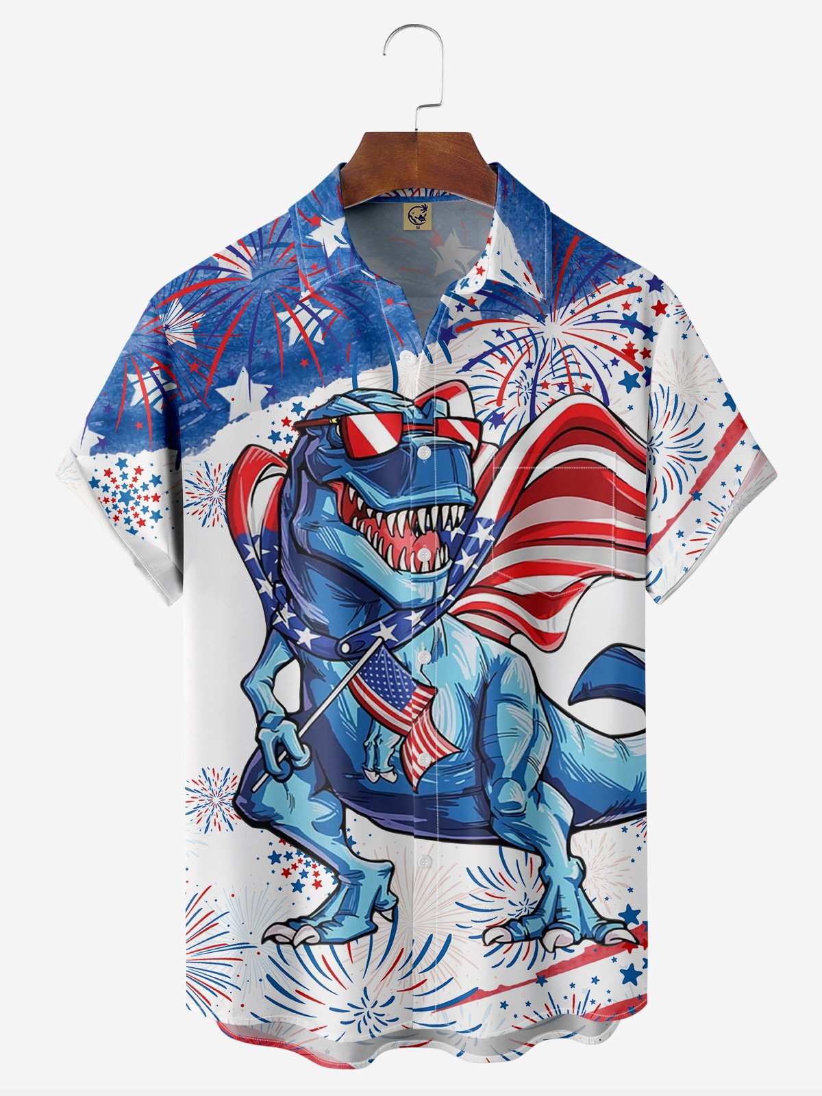 Flag Dinosaur Chest Pocket Short Sleeve Casual Shirt